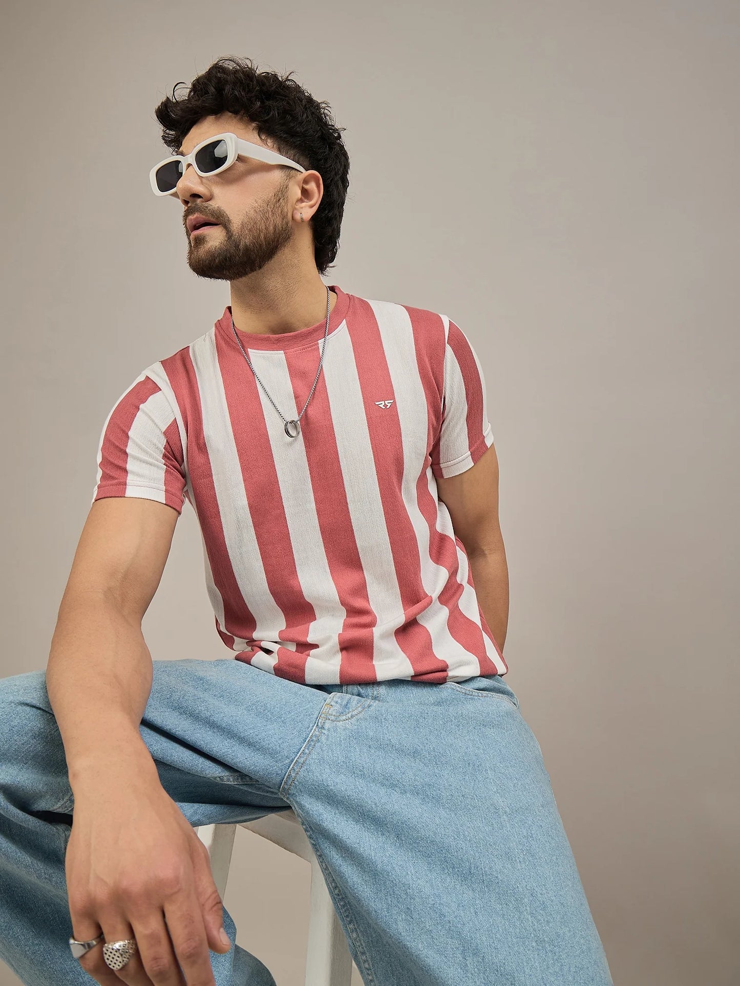 Men Striped T-shirt Rust and White