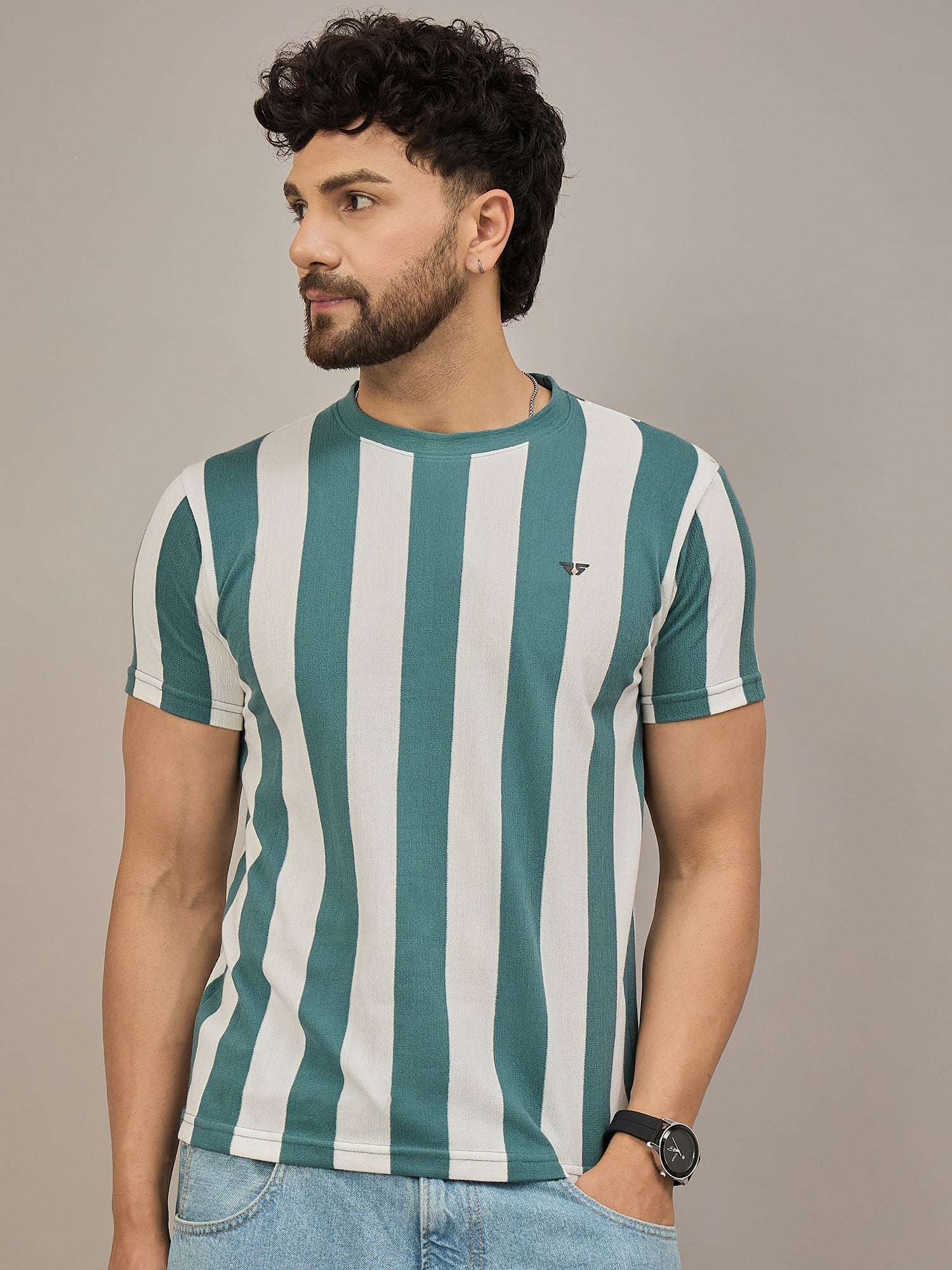 Men Striped T-shirt Green