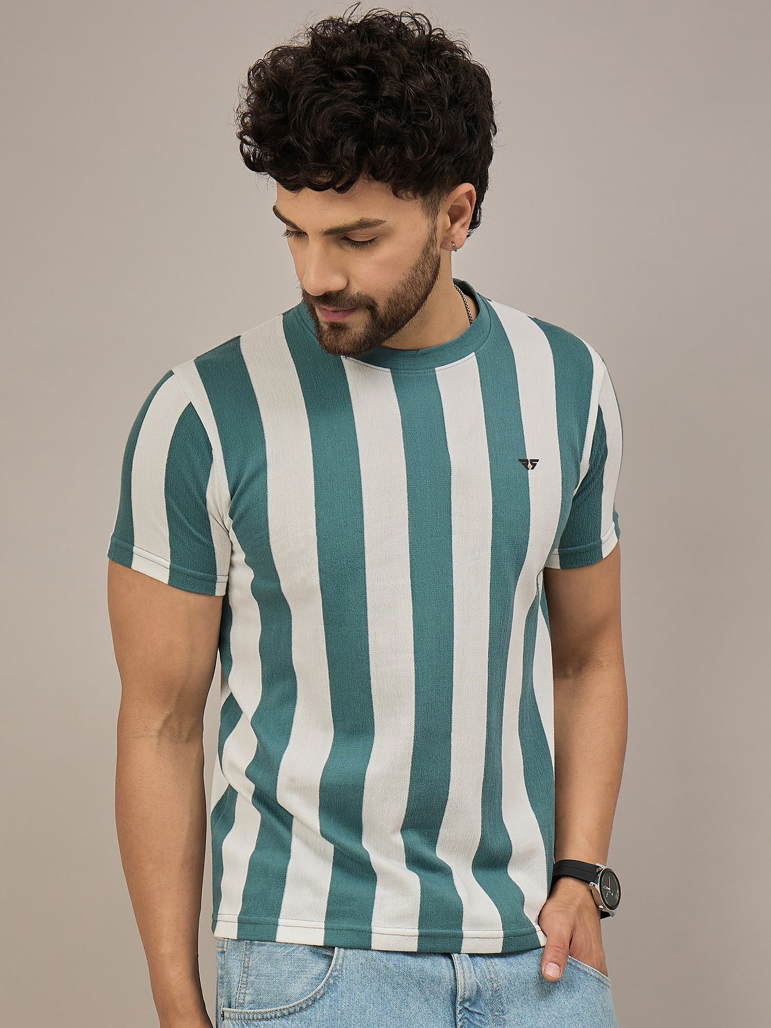 Men Striped T-shirt Green