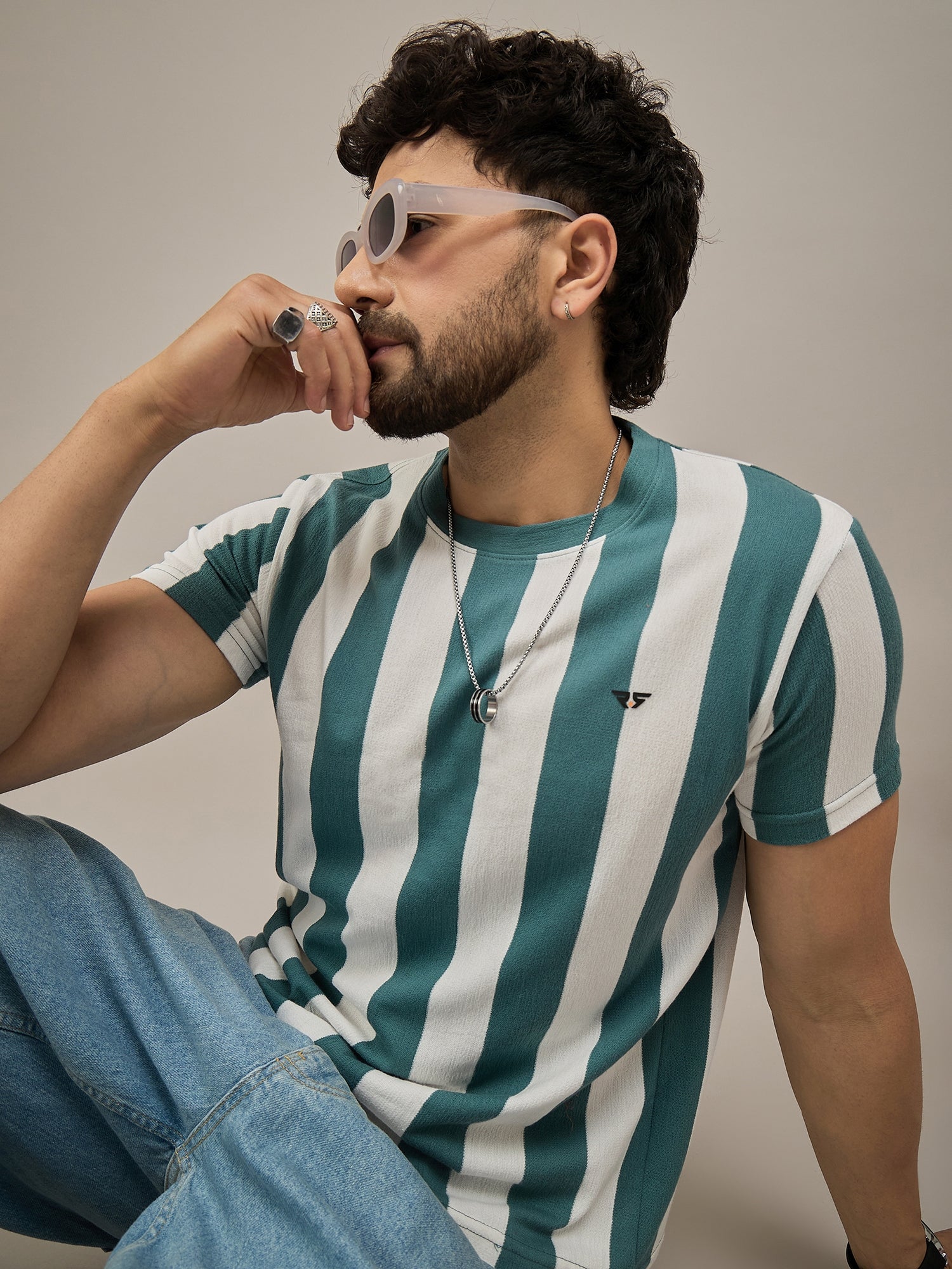 Men Striped T-shirt Green