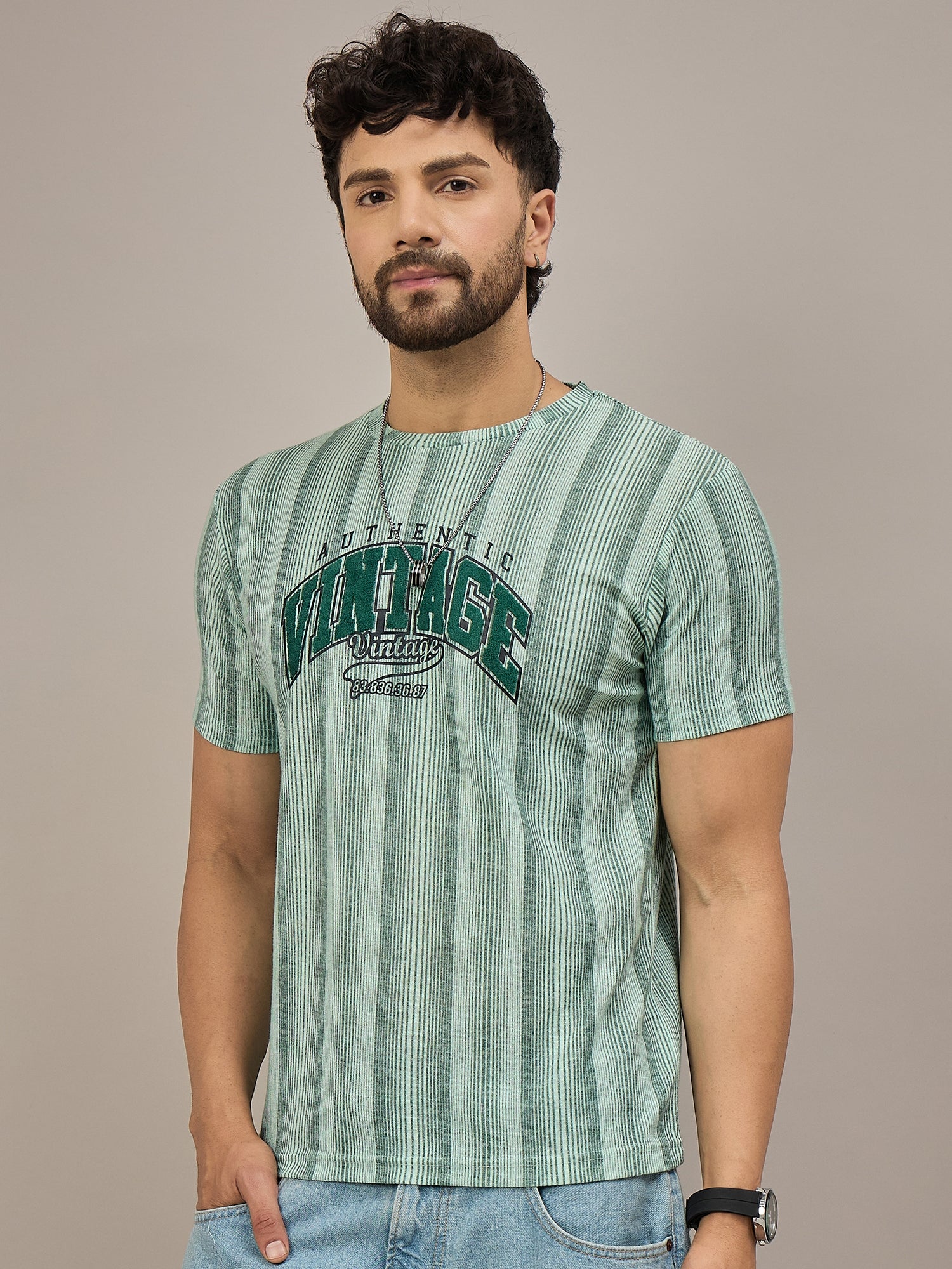 Men Striped T-shirt Green