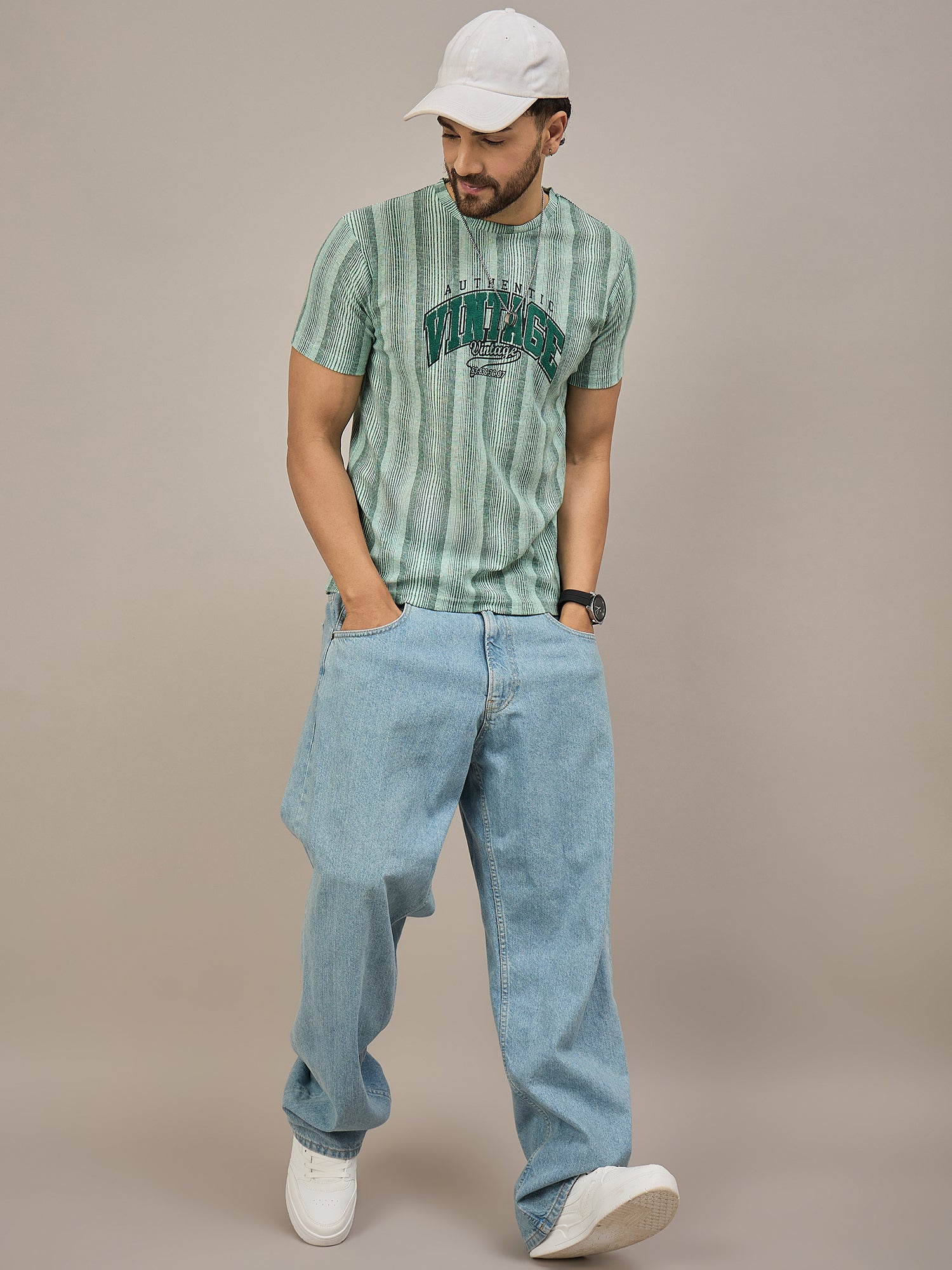 Men Striped T-shirt Green