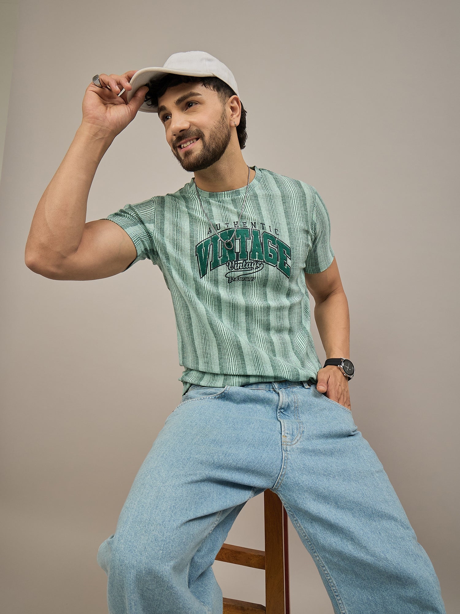 Men Striped T-shirt Green