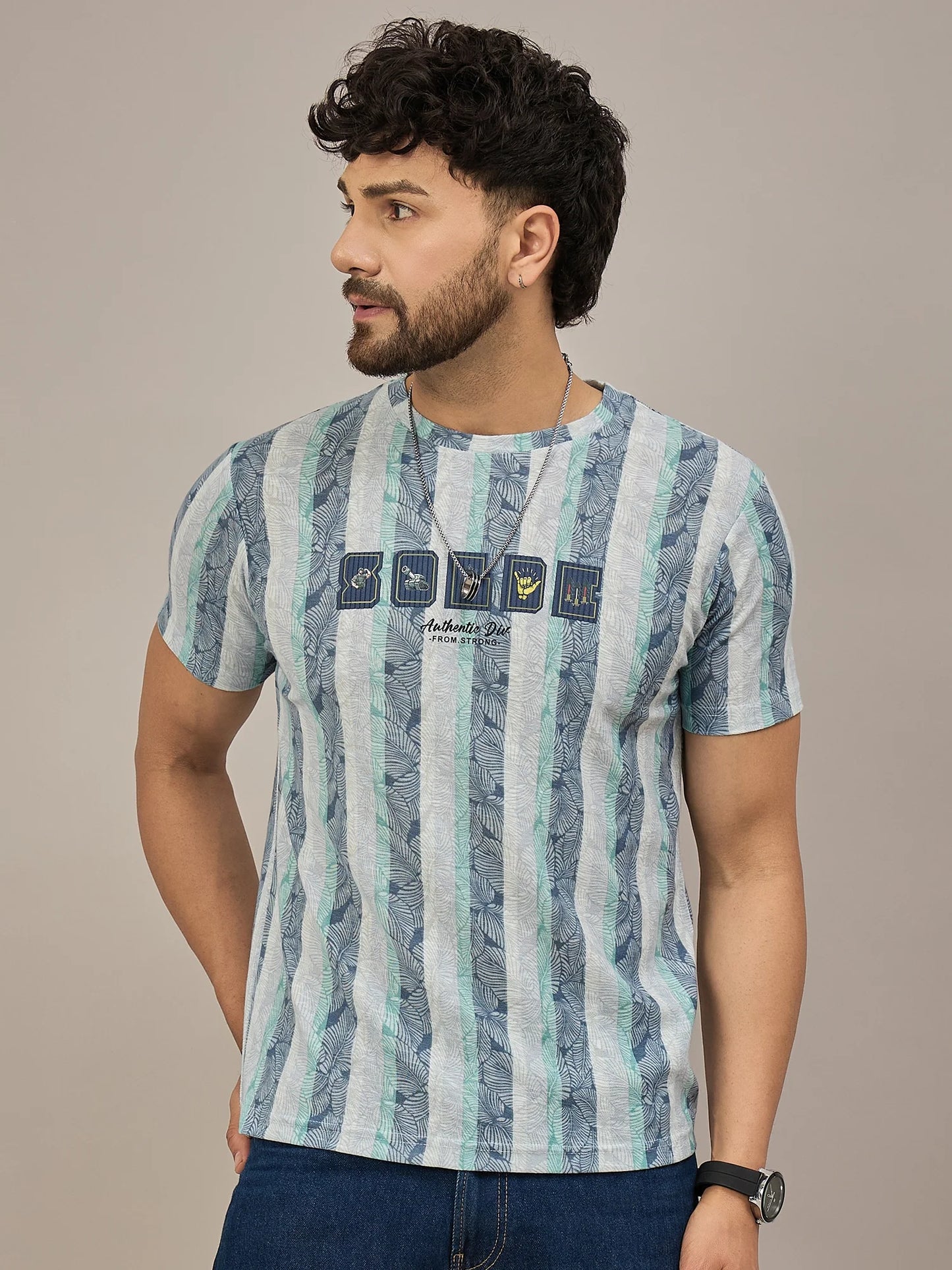 Men Striped T-shirt Blue and Light green