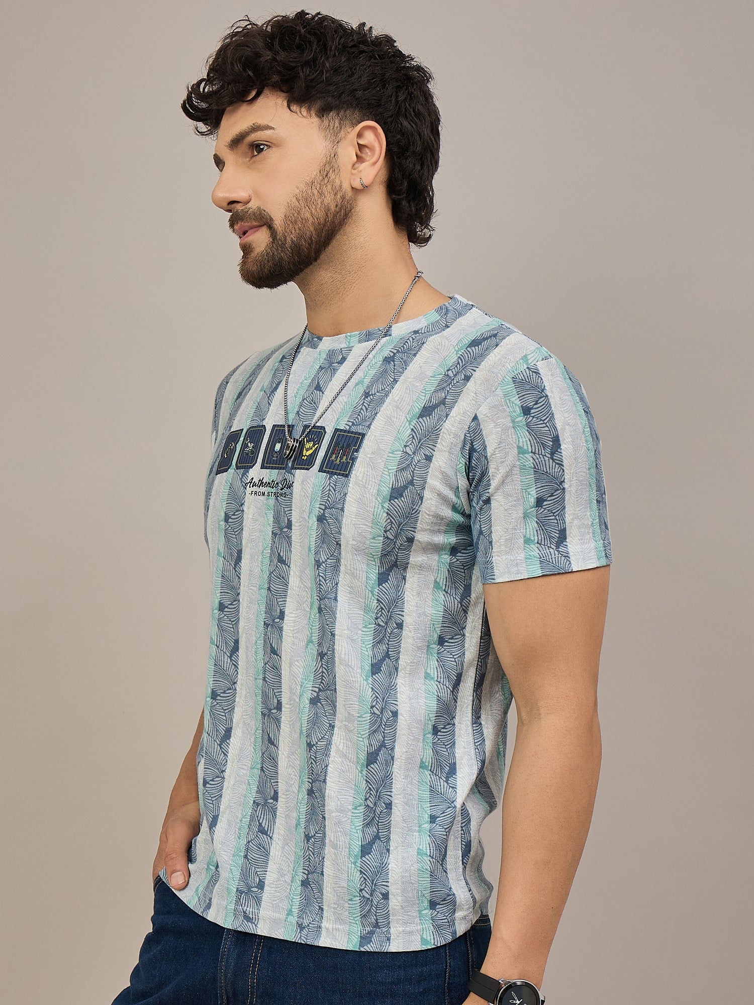 Men Striped T-shirt Blue & Light green