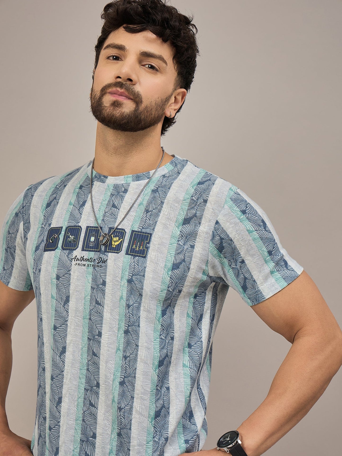 Men Striped T-shirt Blue and Light green