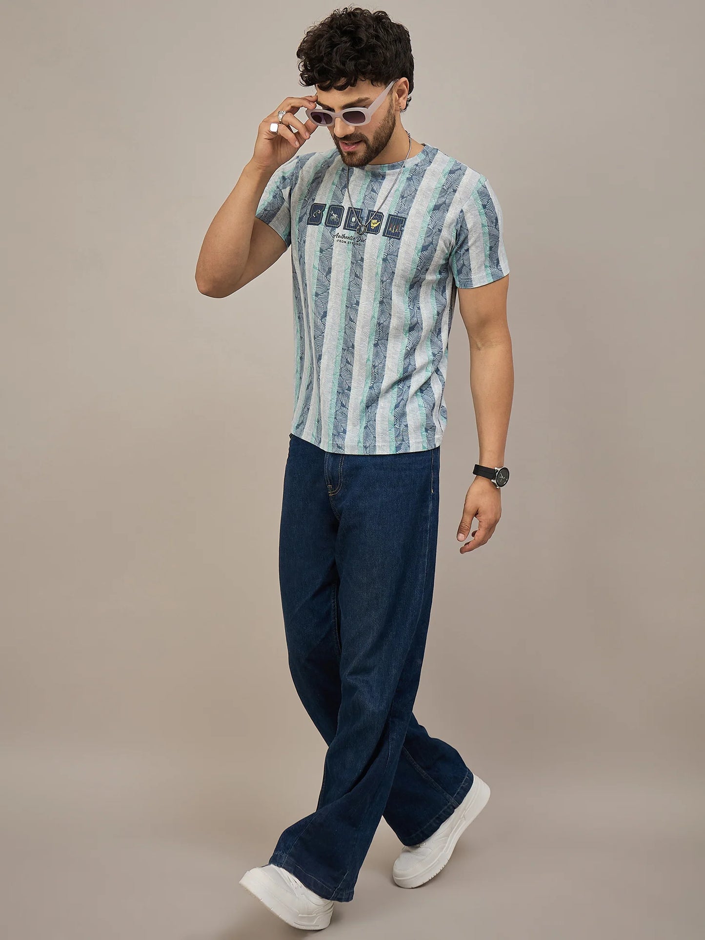 Men Striped T-shirt Blue and Light green