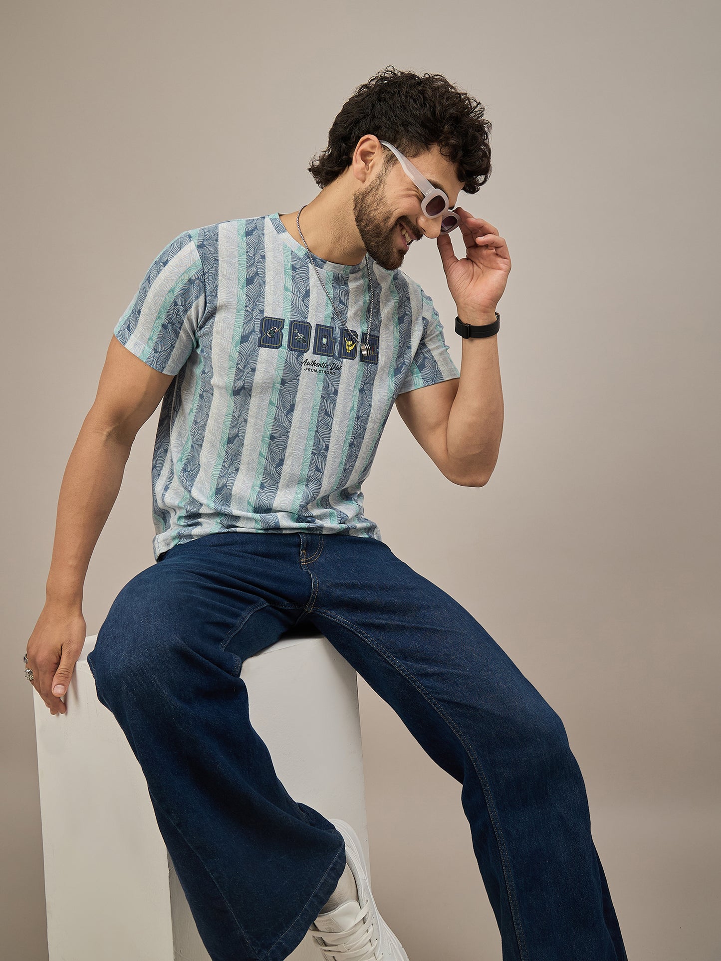 Men Striped T-shirt Blue & Light green