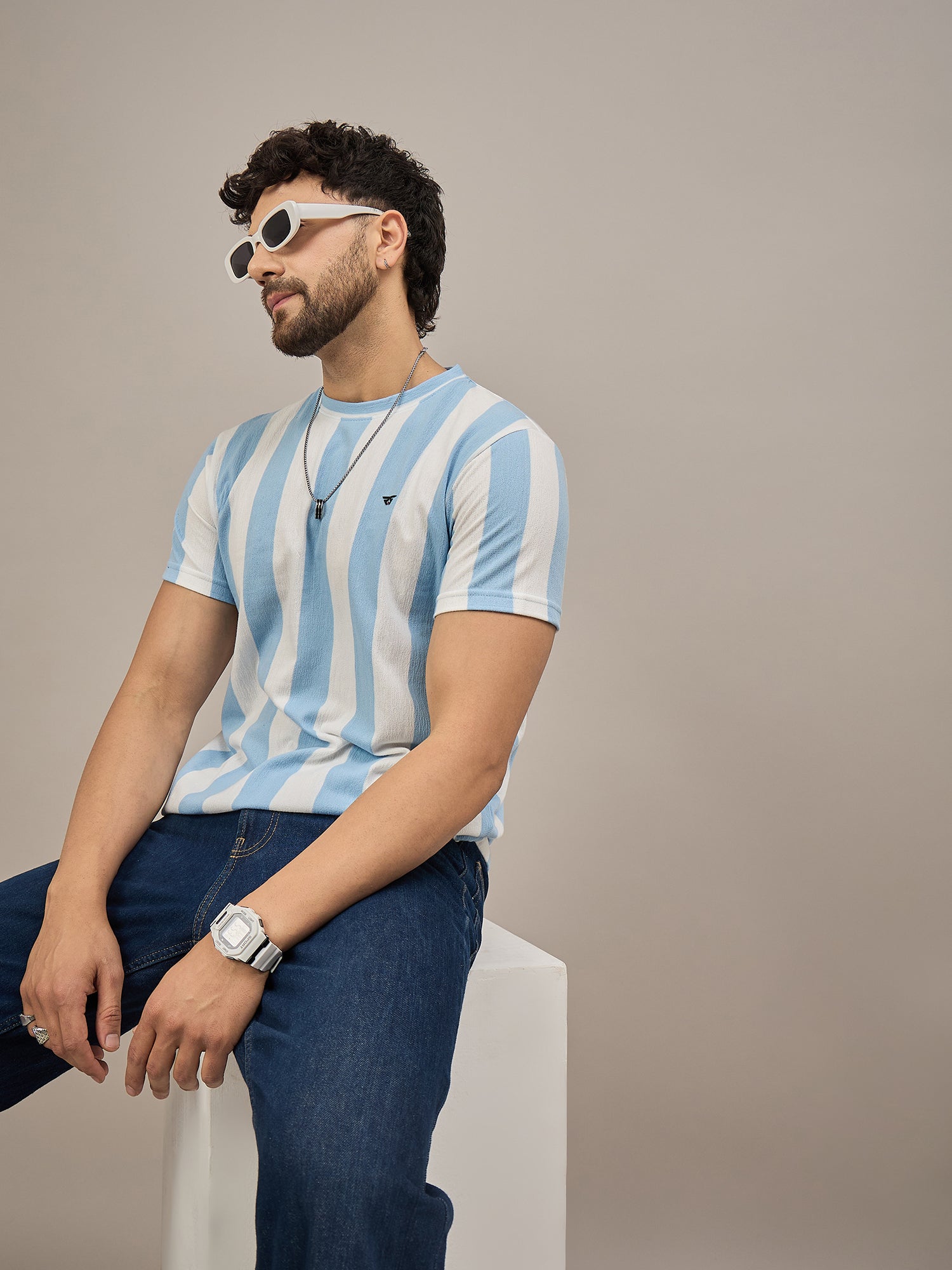 Men Striped T-shirt Sky Blue & White