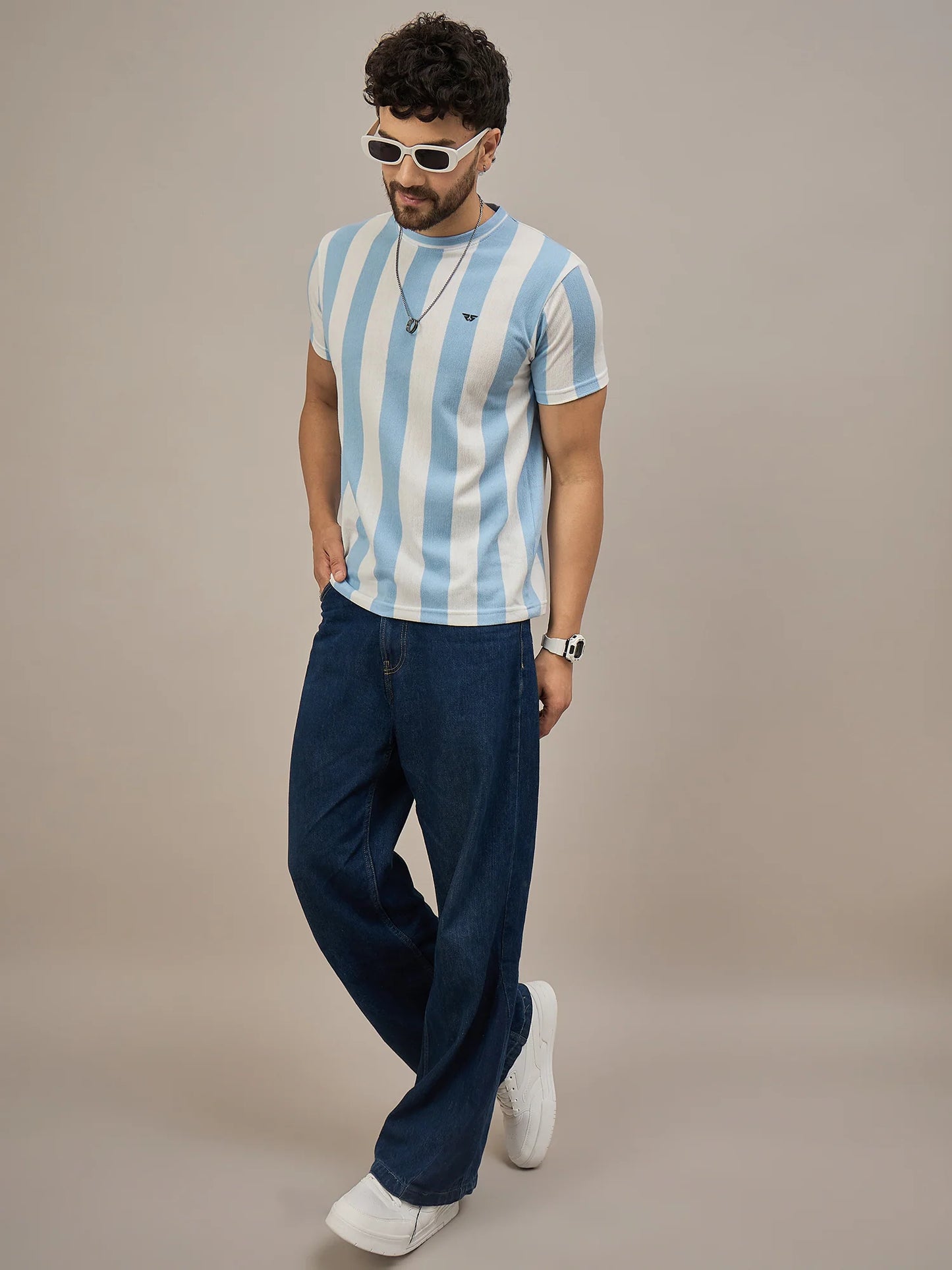 Men Striped T-shirt Sky Blue and White