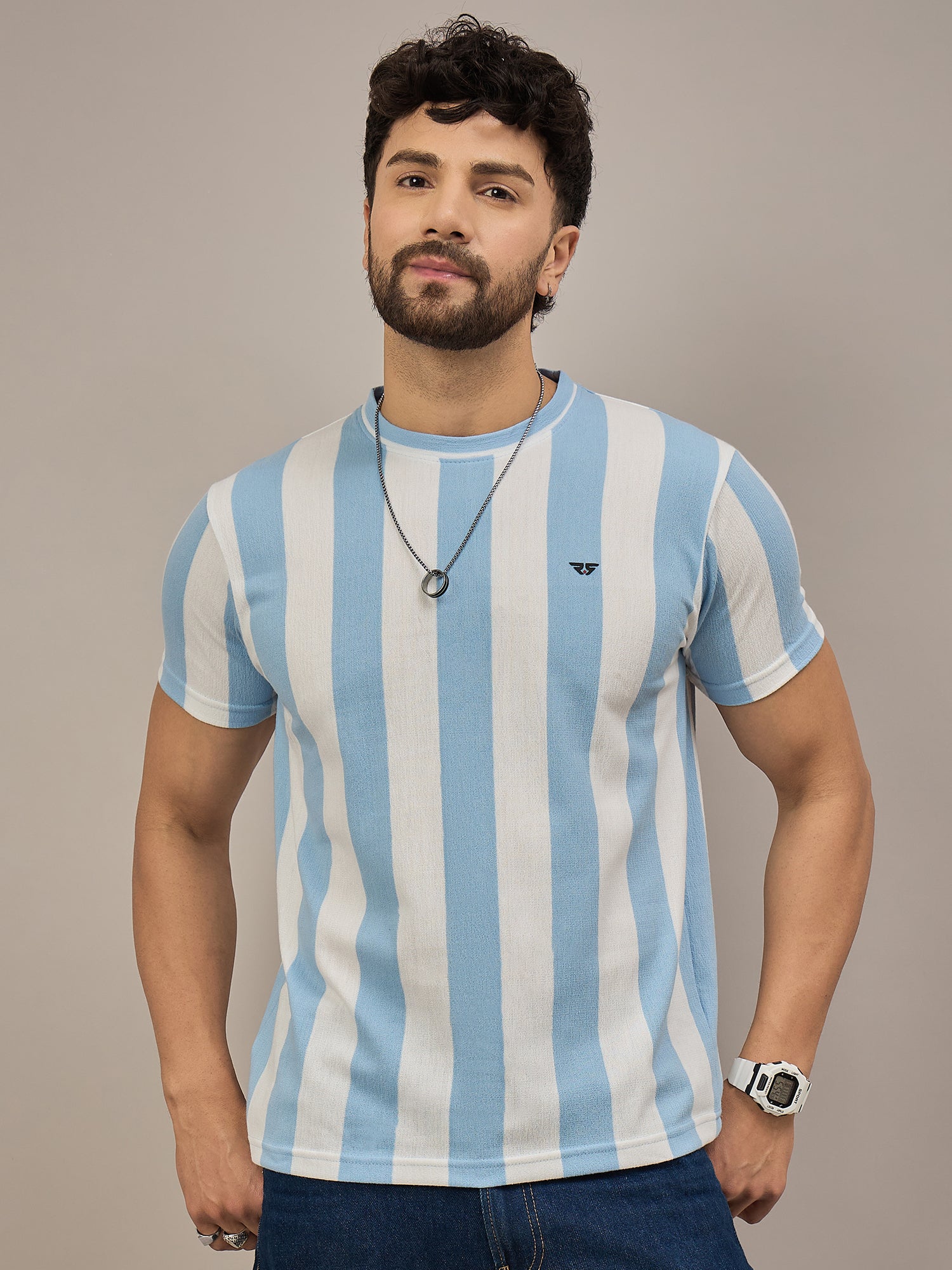 Men Striped T-shirt Sky Blue & White