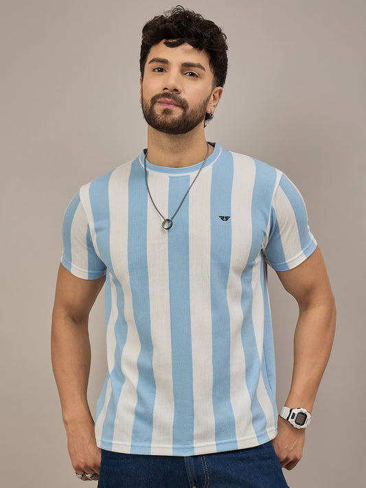 Men Striped T-shirt Sky Blue & White