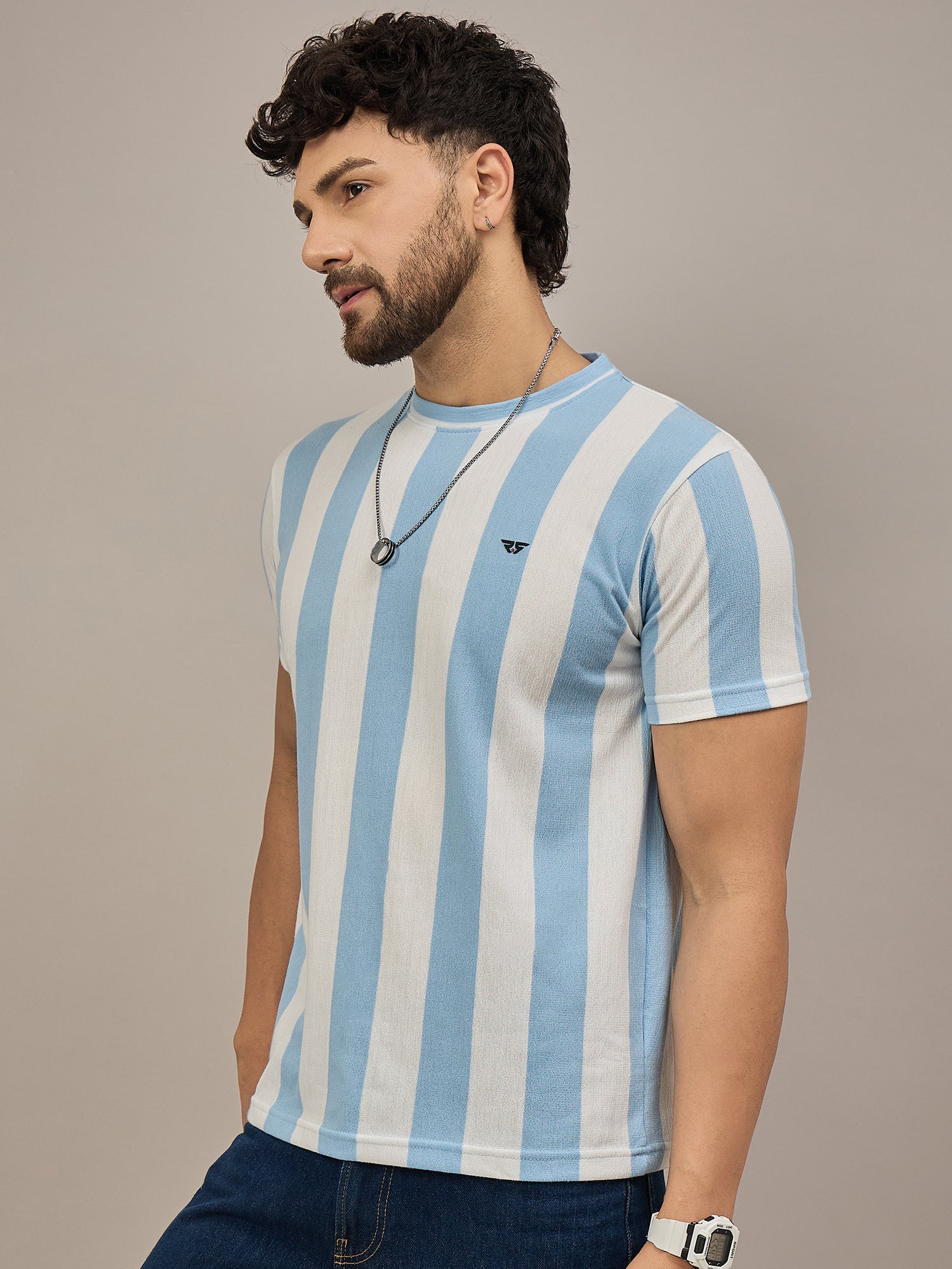 Men Striped T-shirt Sky Blue & White