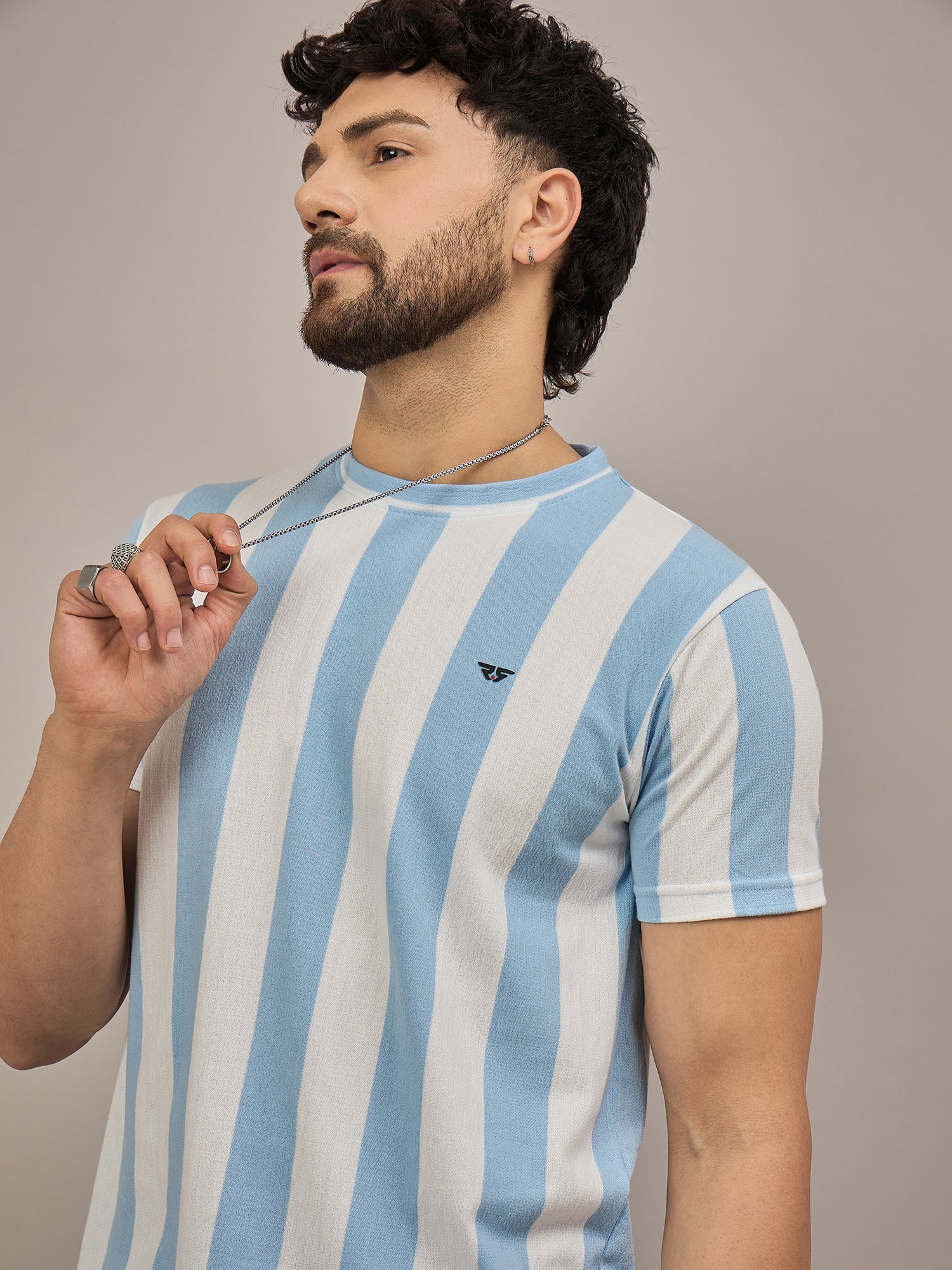 Men Striped T-shirt Sky Blue & White