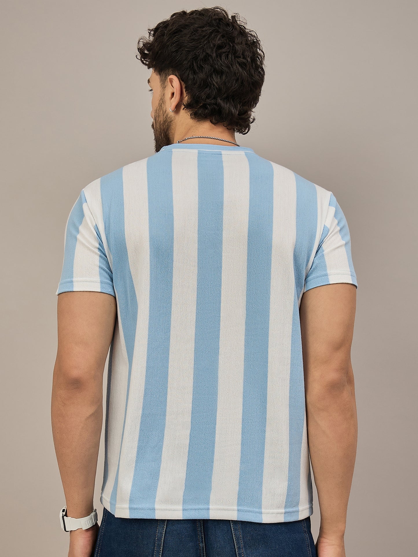 Men Striped T-shirt Sky Blue & White