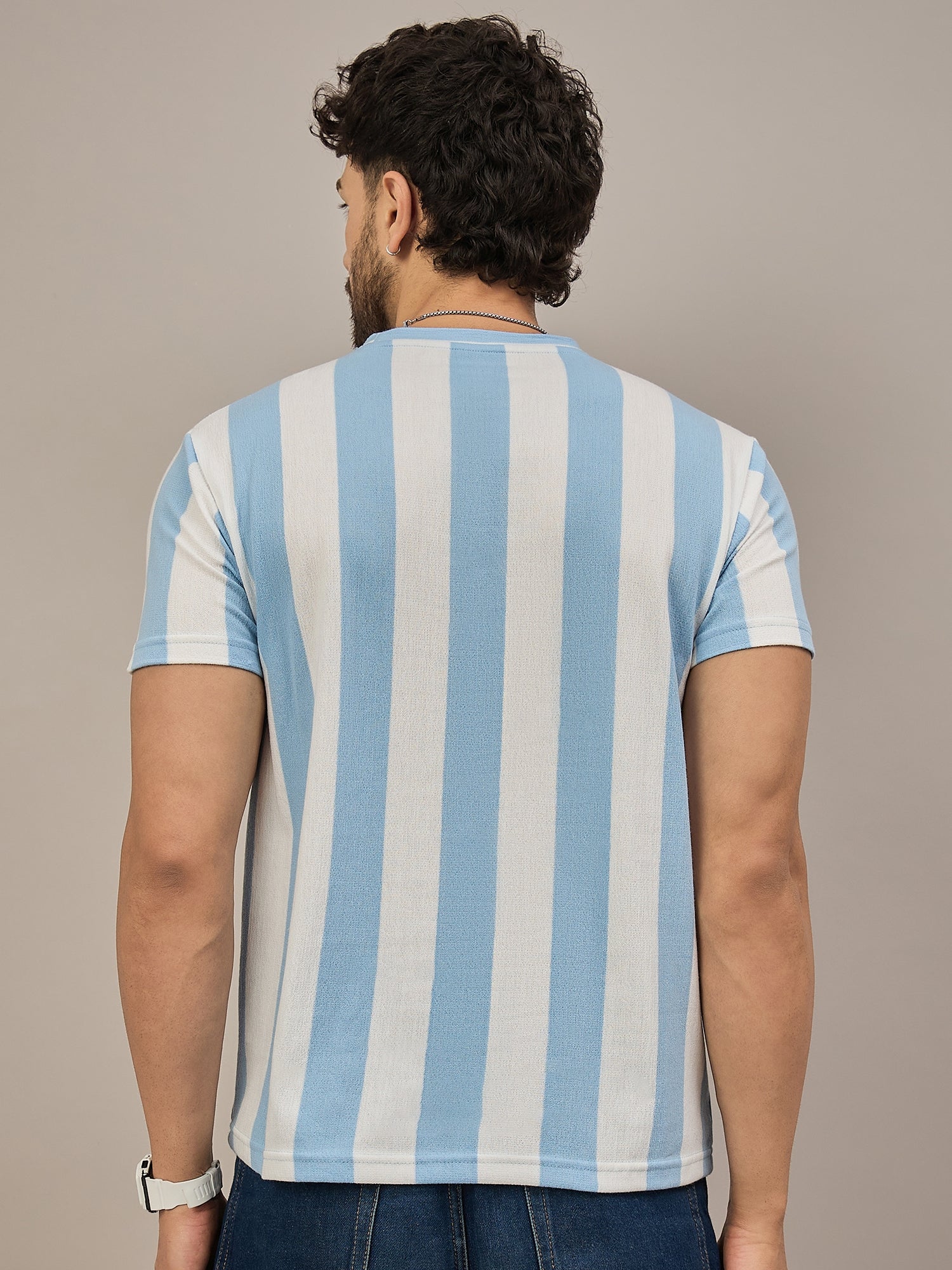Men Striped T-shirt Sky Blue & White