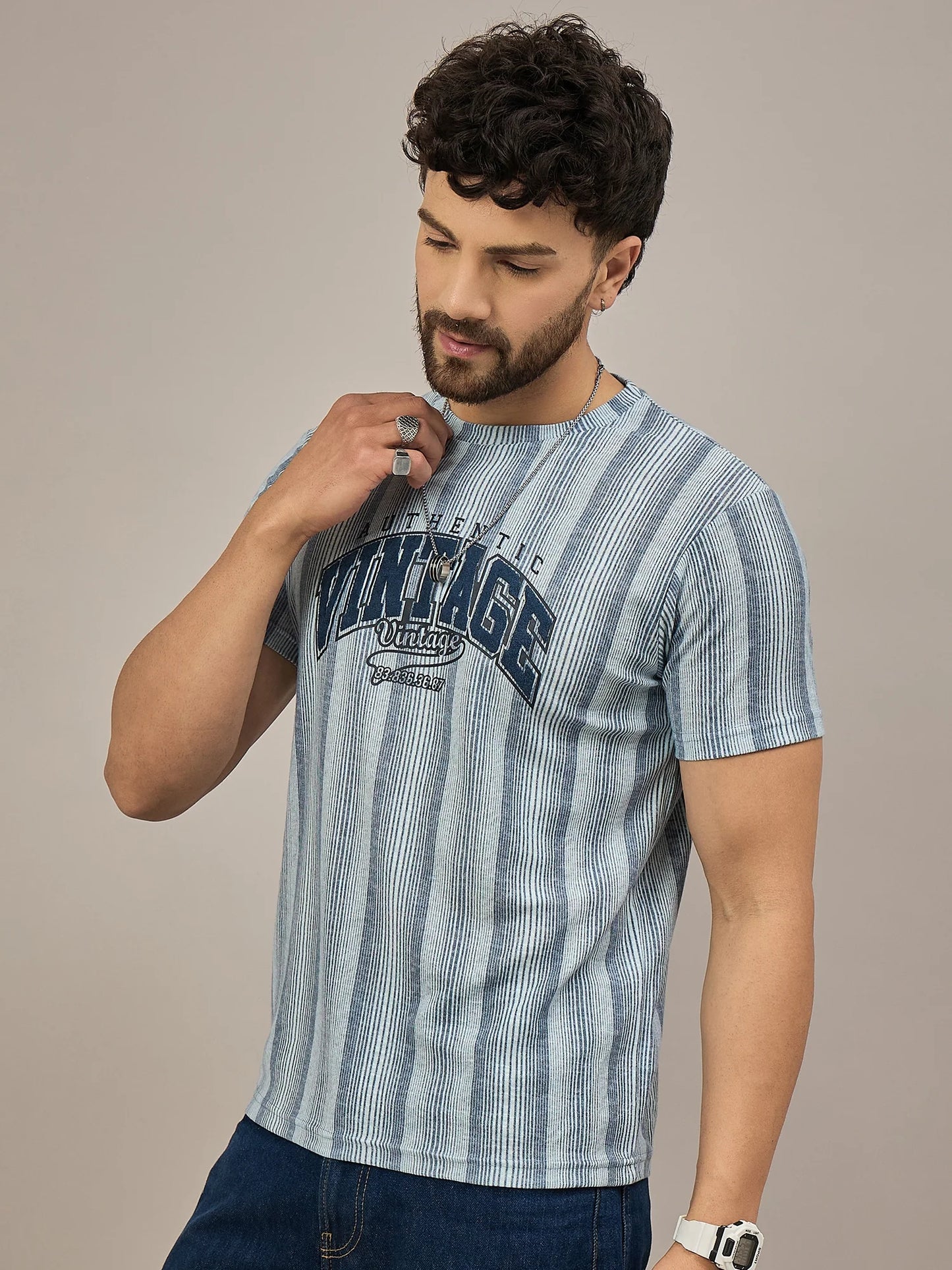 Men Striped T-shirt Blue