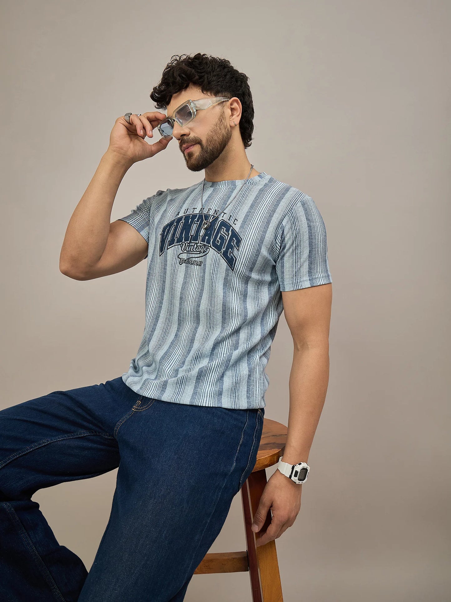 Men Striped T-shirt Blue