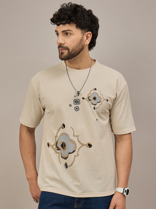 Men Oversized Round Neck Drop Shoulder T-shirt Cream