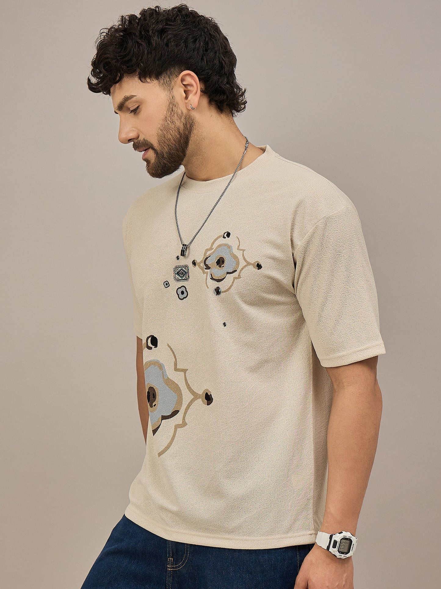 Men Oversized Round Neck Drop Shoulder T-shirt Cream