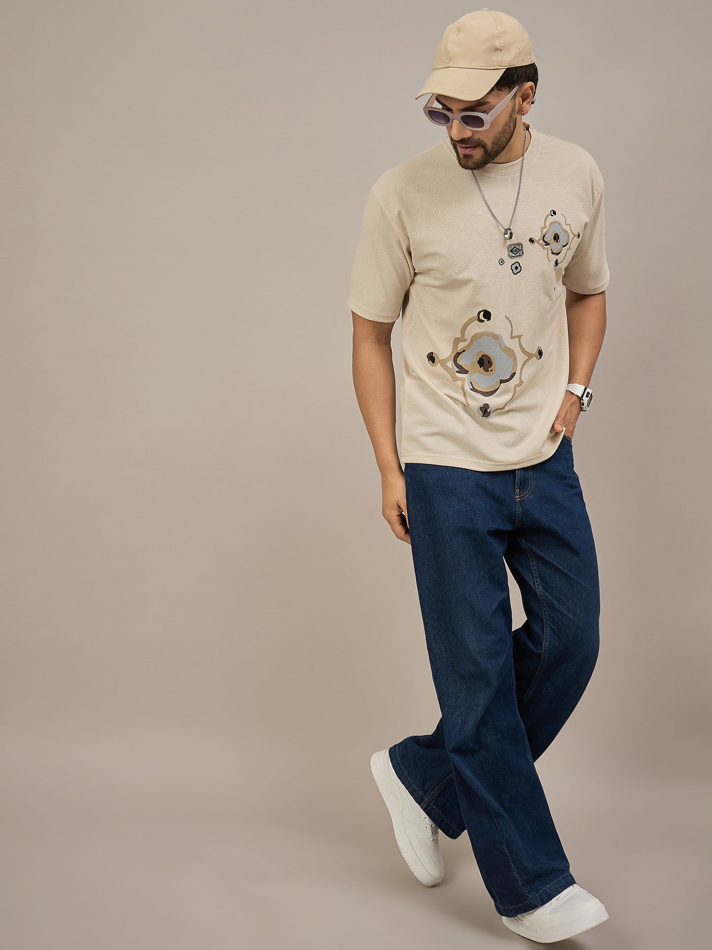 Men Oversized Round Neck Drop Shoulder T-shirt Cream