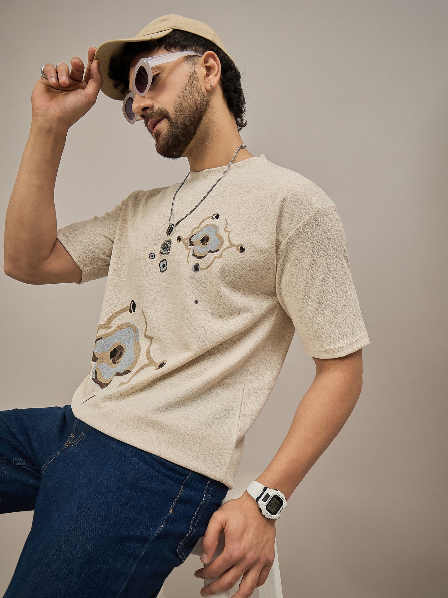 Men Oversized Round Neck Drop Shoulder T-shirt Cream