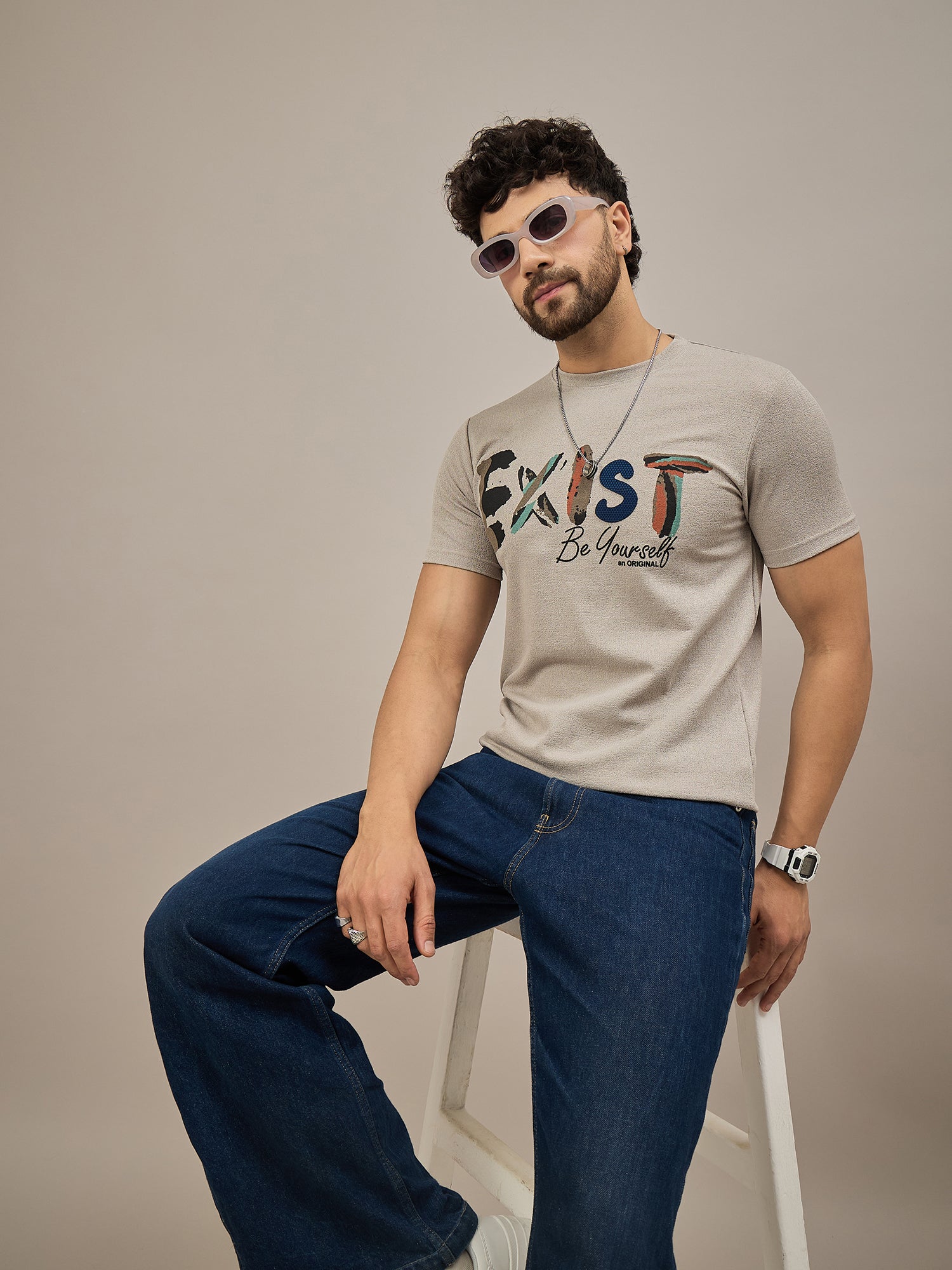 Men Round Neck T-shirt Beige