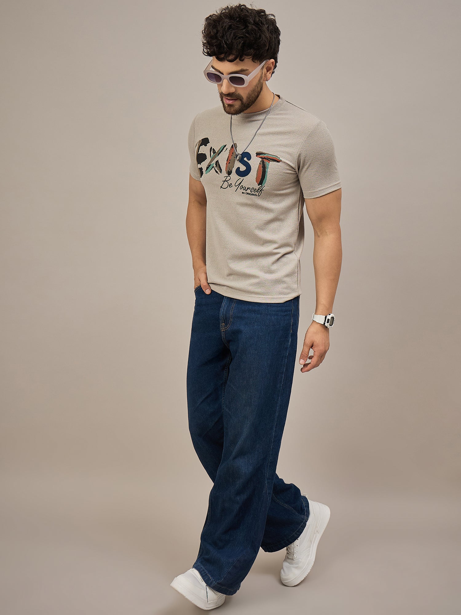 Men Round Neck T-shirt Beige