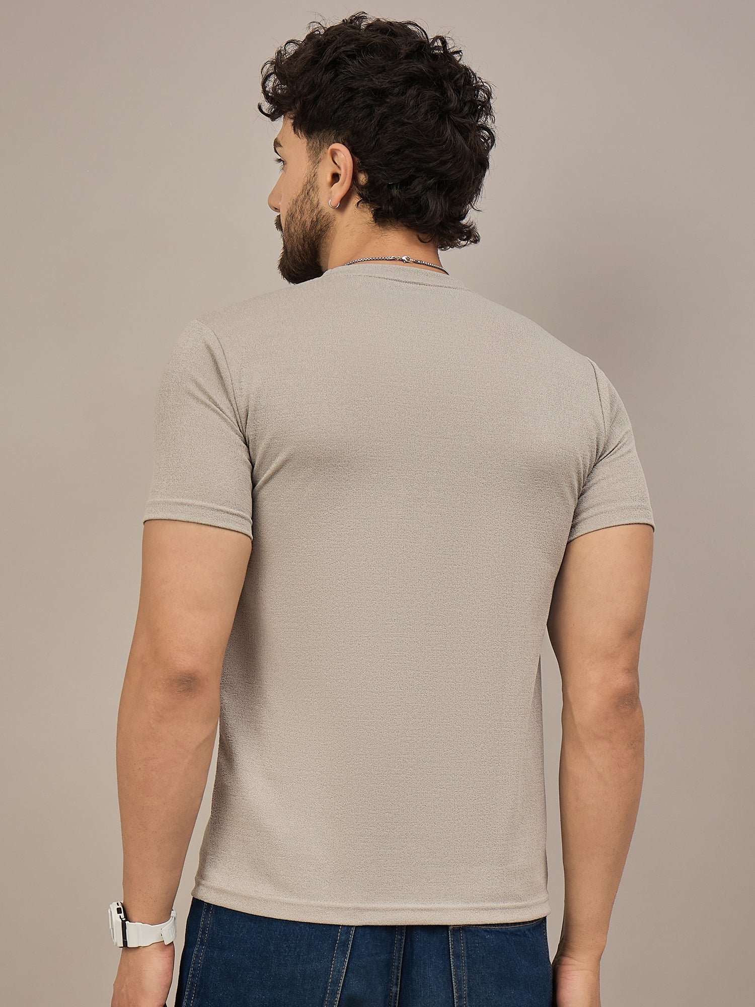 Men Round Neck T-shirt Beige