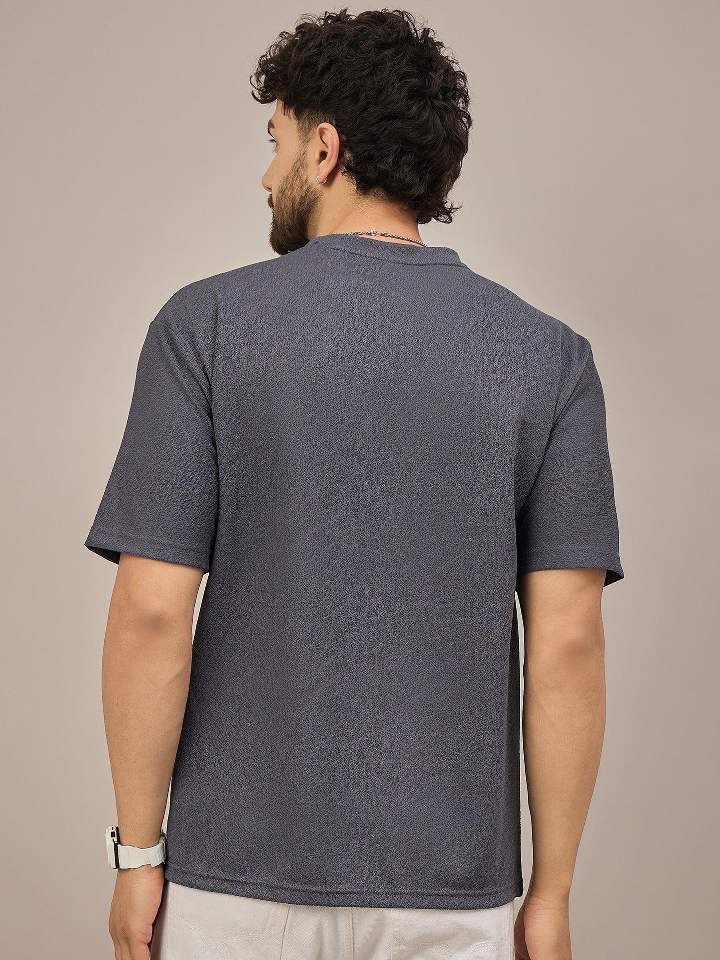 Men Oversized Round Neck Drop Shoulder T-shirt Blue