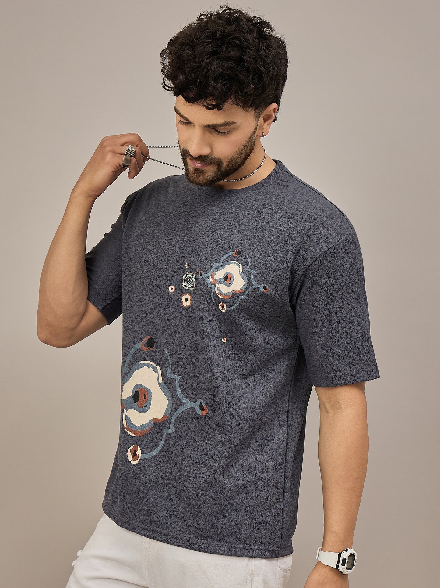Men Oversized Round Neck Drop Shoulder T-shirt Blue