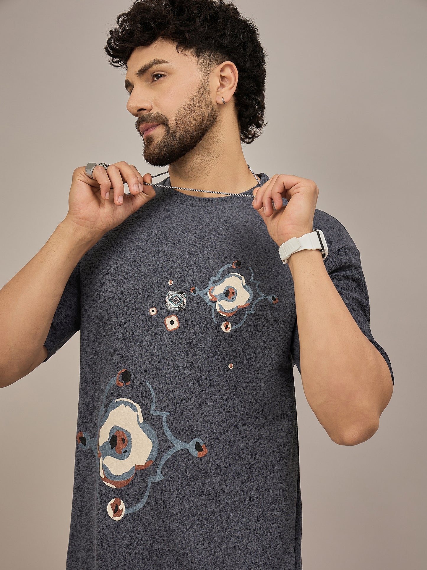 Men Oversized Round Neck Drop Shoulder T-shirt Blue