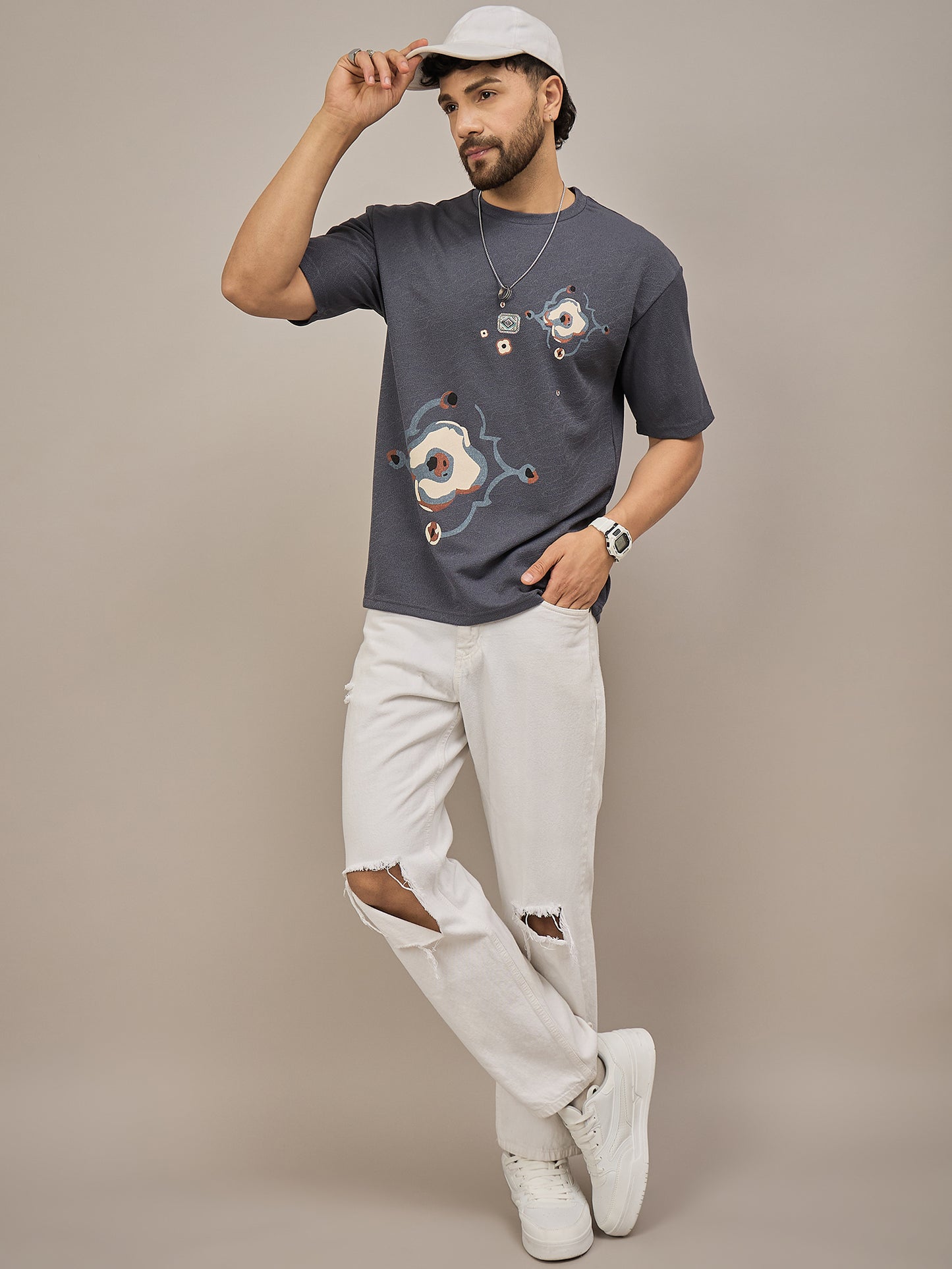 Men Oversized Round Neck Drop Shoulder T-shirt Blue