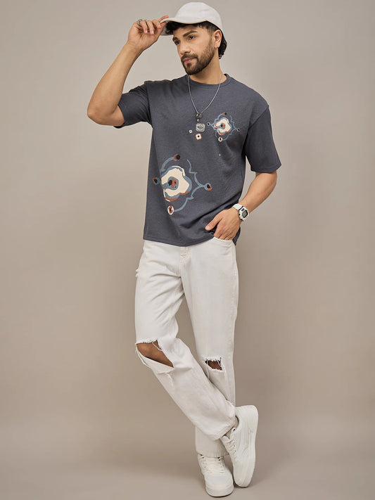 Men Oversized Printed Round Neck Drop Shoulder T-shirt Blue