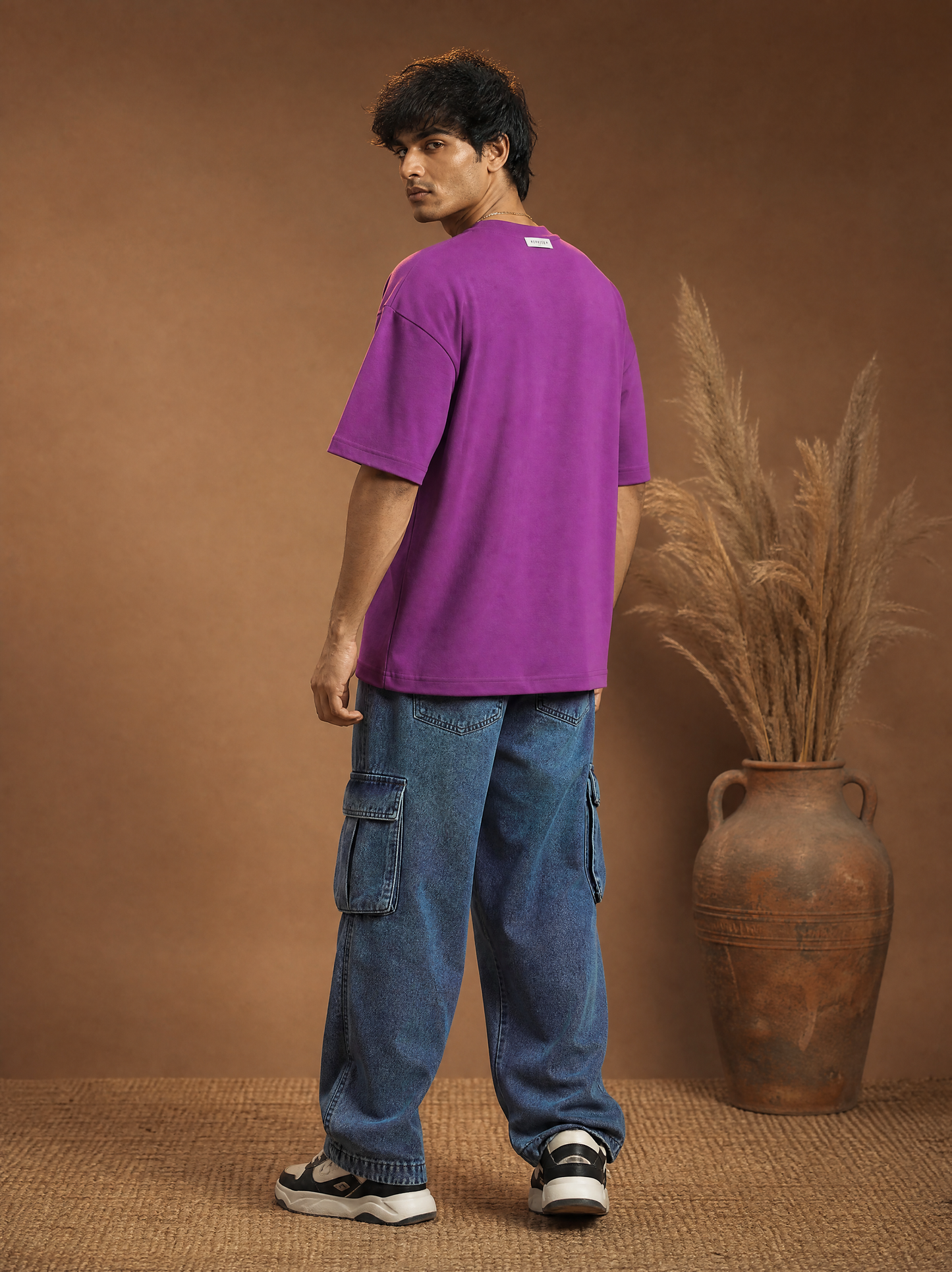 Men Oversize Printed Round Neck T-shirt Magenta