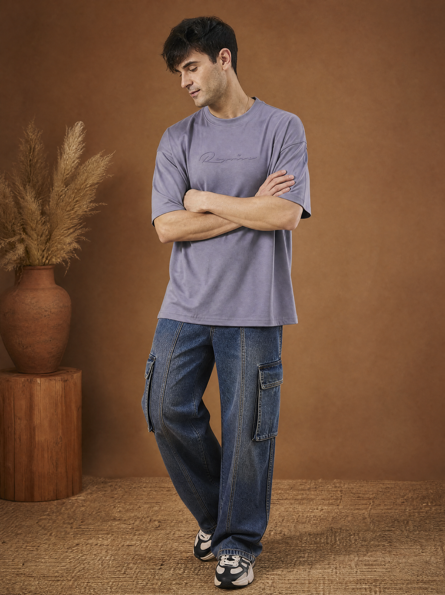 Men Oversize Printed Round Neck T-shirt Lavender