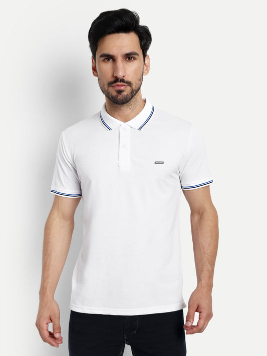 Men White Solid Polo T-Shirt