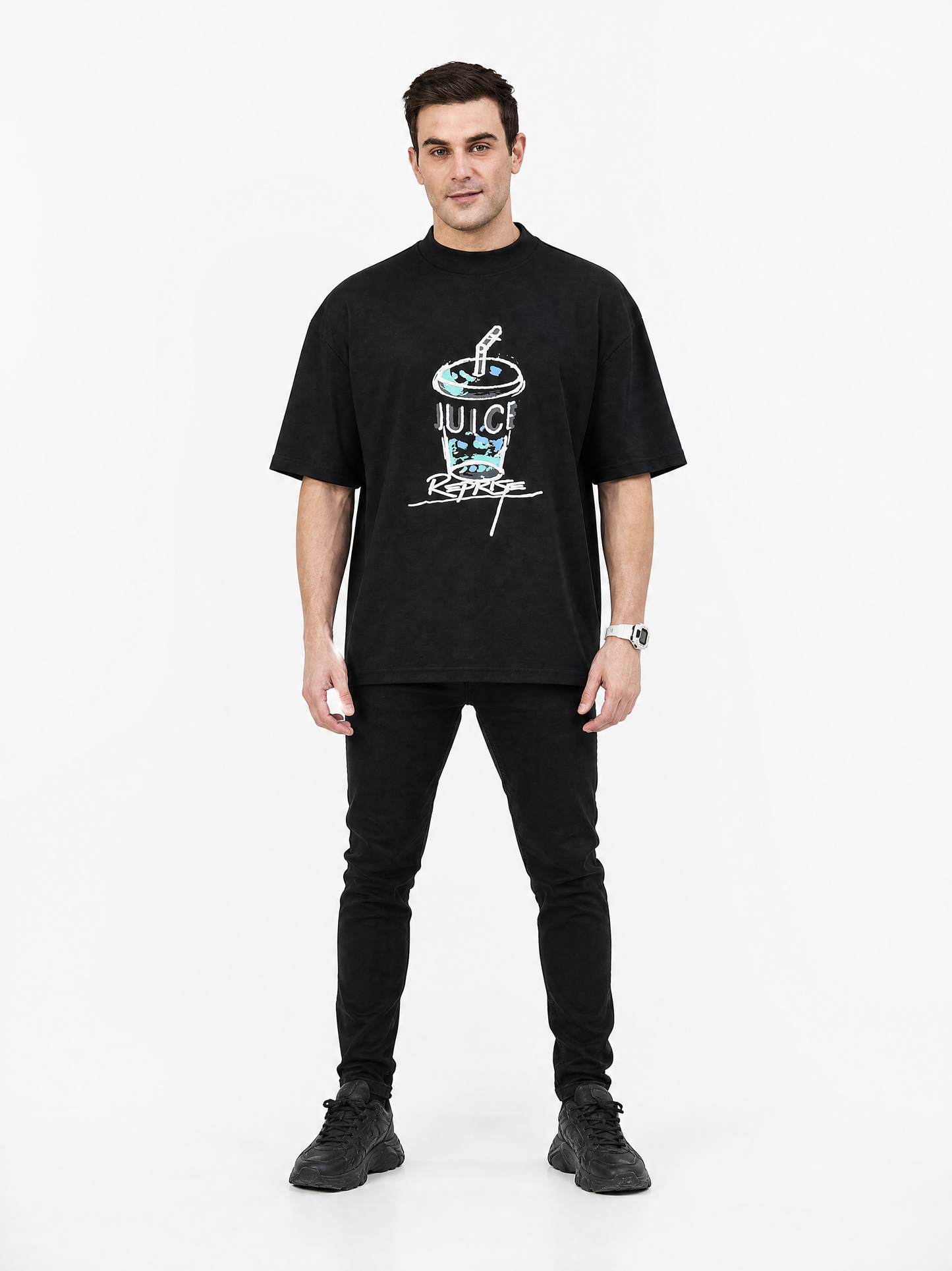 Men Oversized Printed Round Neck Drop shoulder T-shirt Black