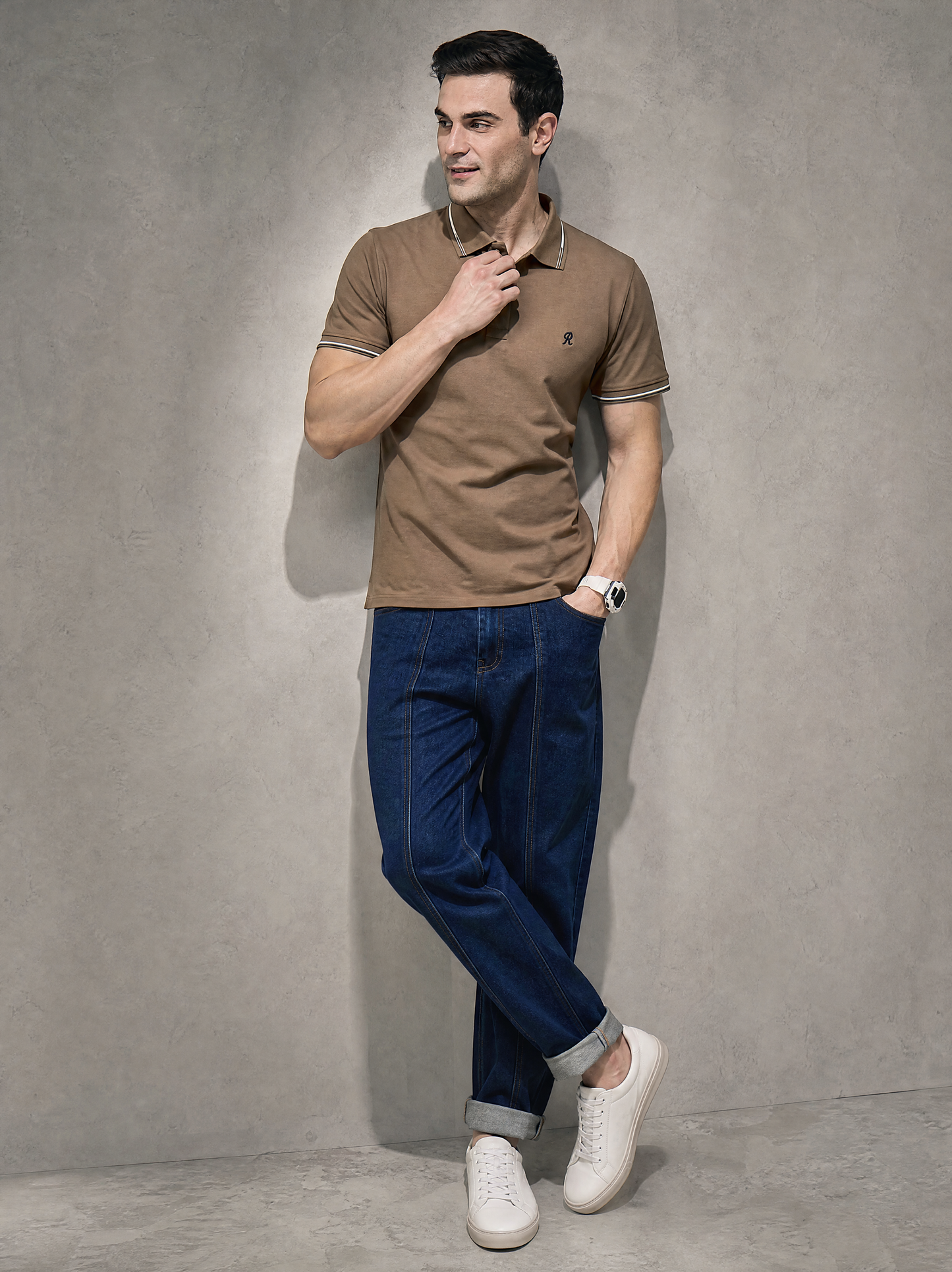 Men Stripe Light Brown Polo TShirt