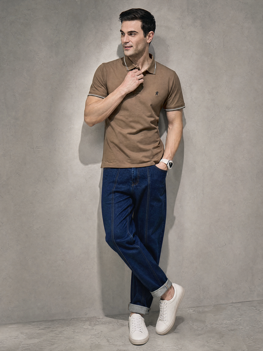 Men Stripe Light Brown Polo TShirt - Reprise