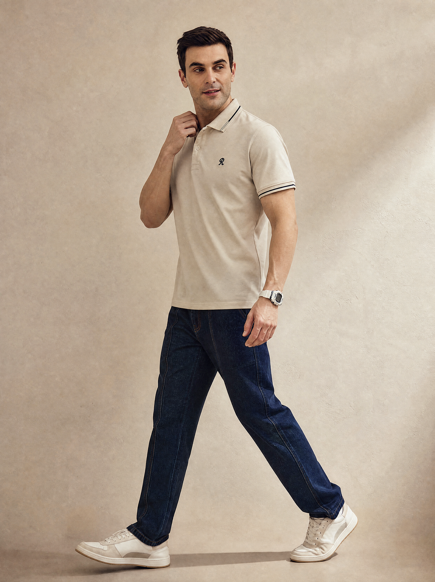 Men Stripe Beige Polo TShirt