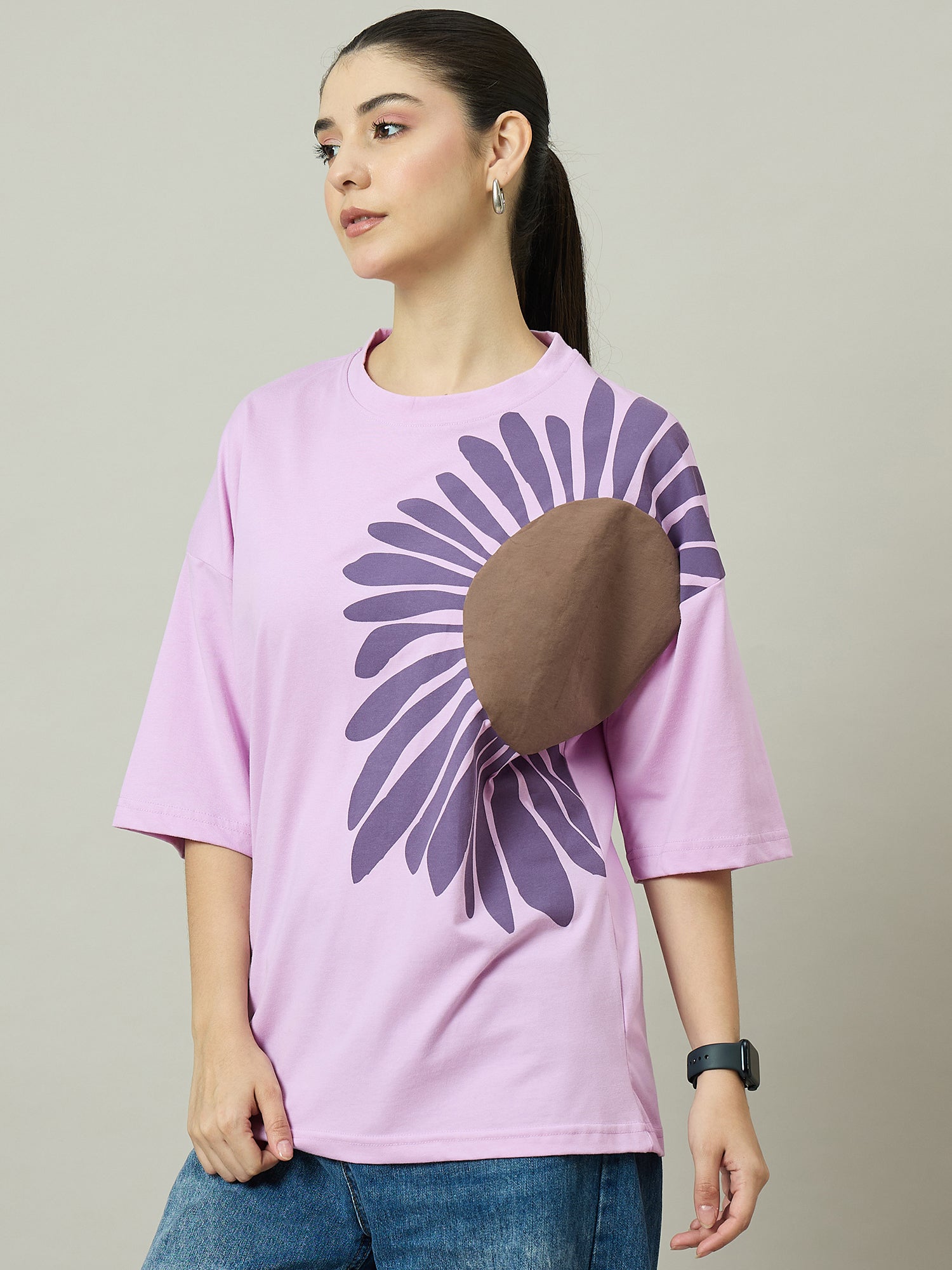Women Oversized Half Sleeves Round Neck Lavender - Reprise