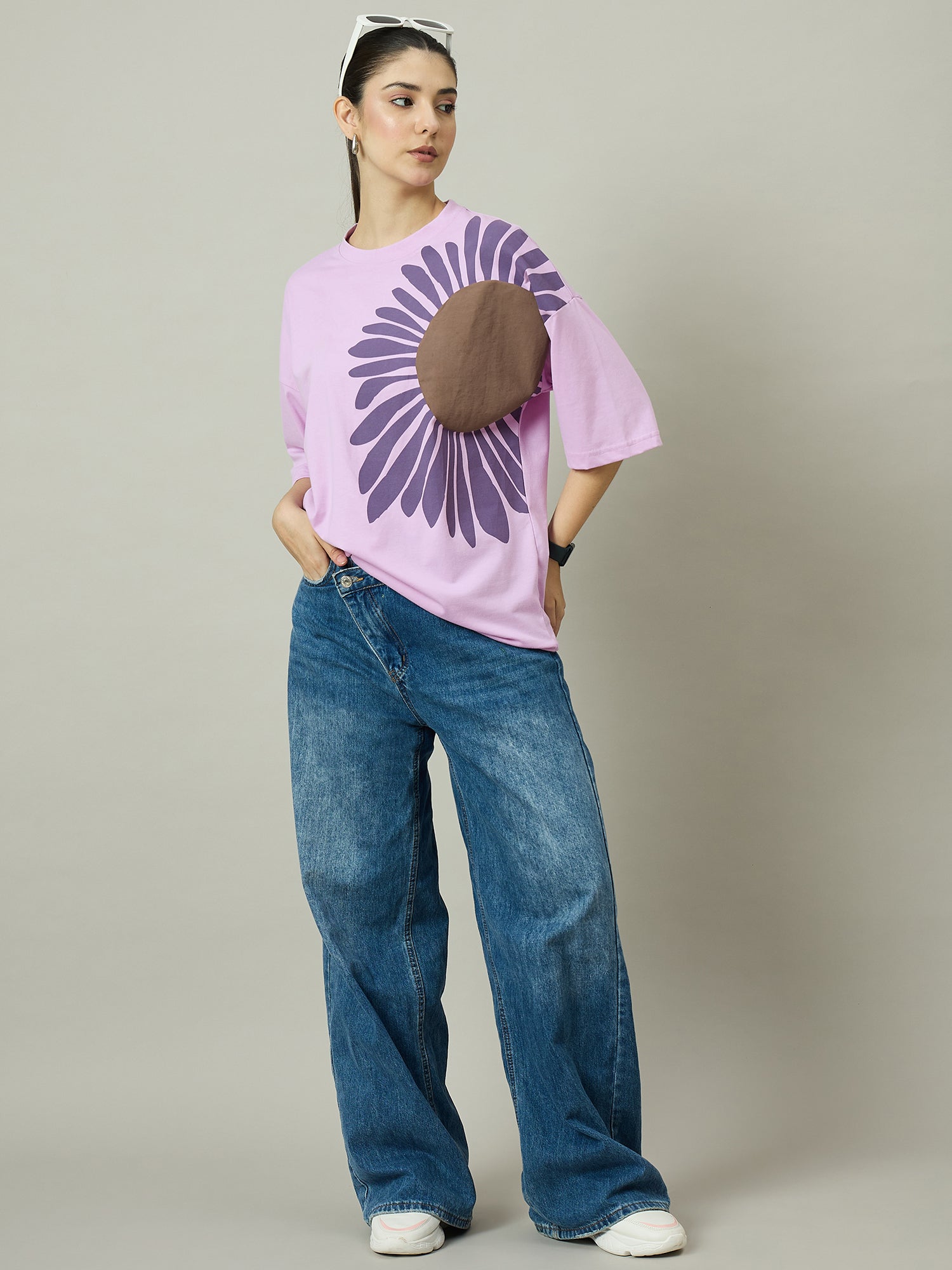 Women Oversized Half Sleeves Round Neck Lavender - Reprise