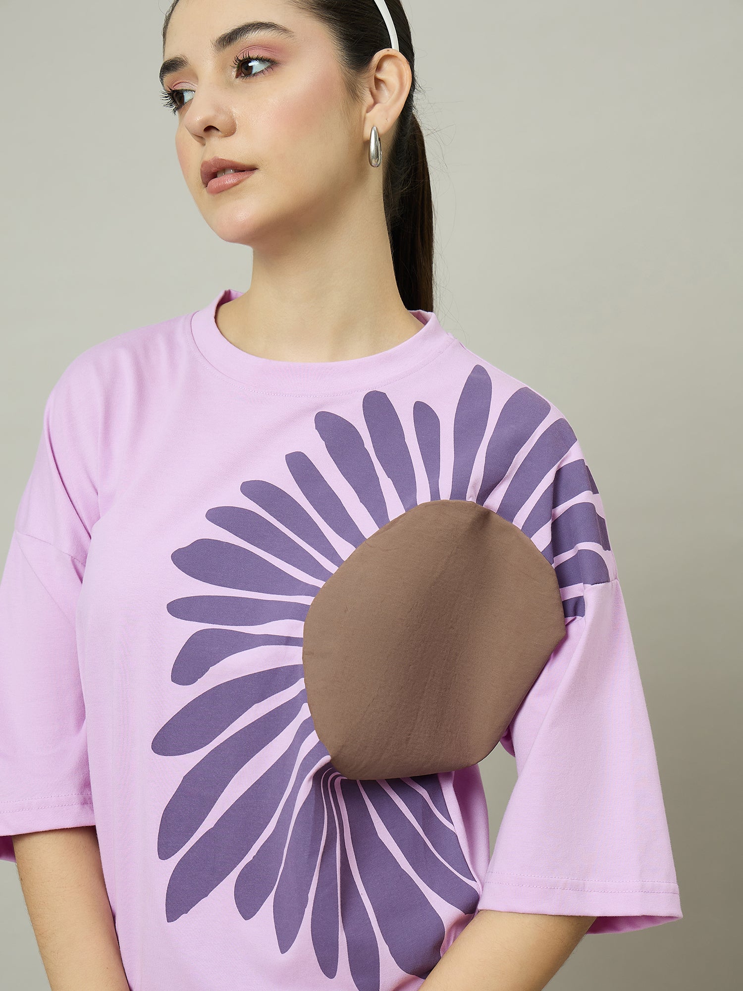 Women Oversized Half Sleeves Round Neck Lavender - Reprise