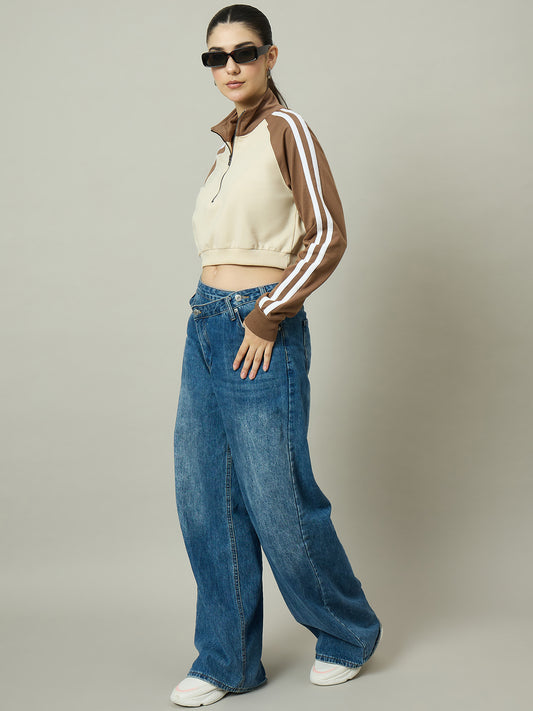 Women Brown & Beige Stand Collar Cropped Sweatshirt