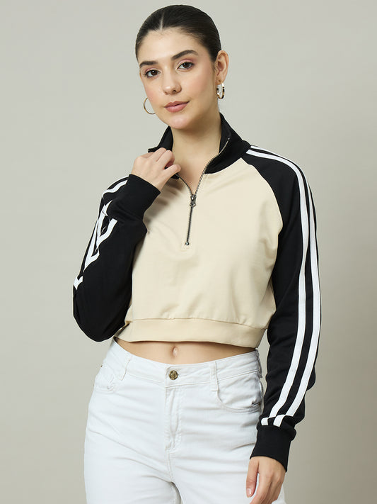 Women Black  & Beige Stand Collar Cropped Sweatshirt