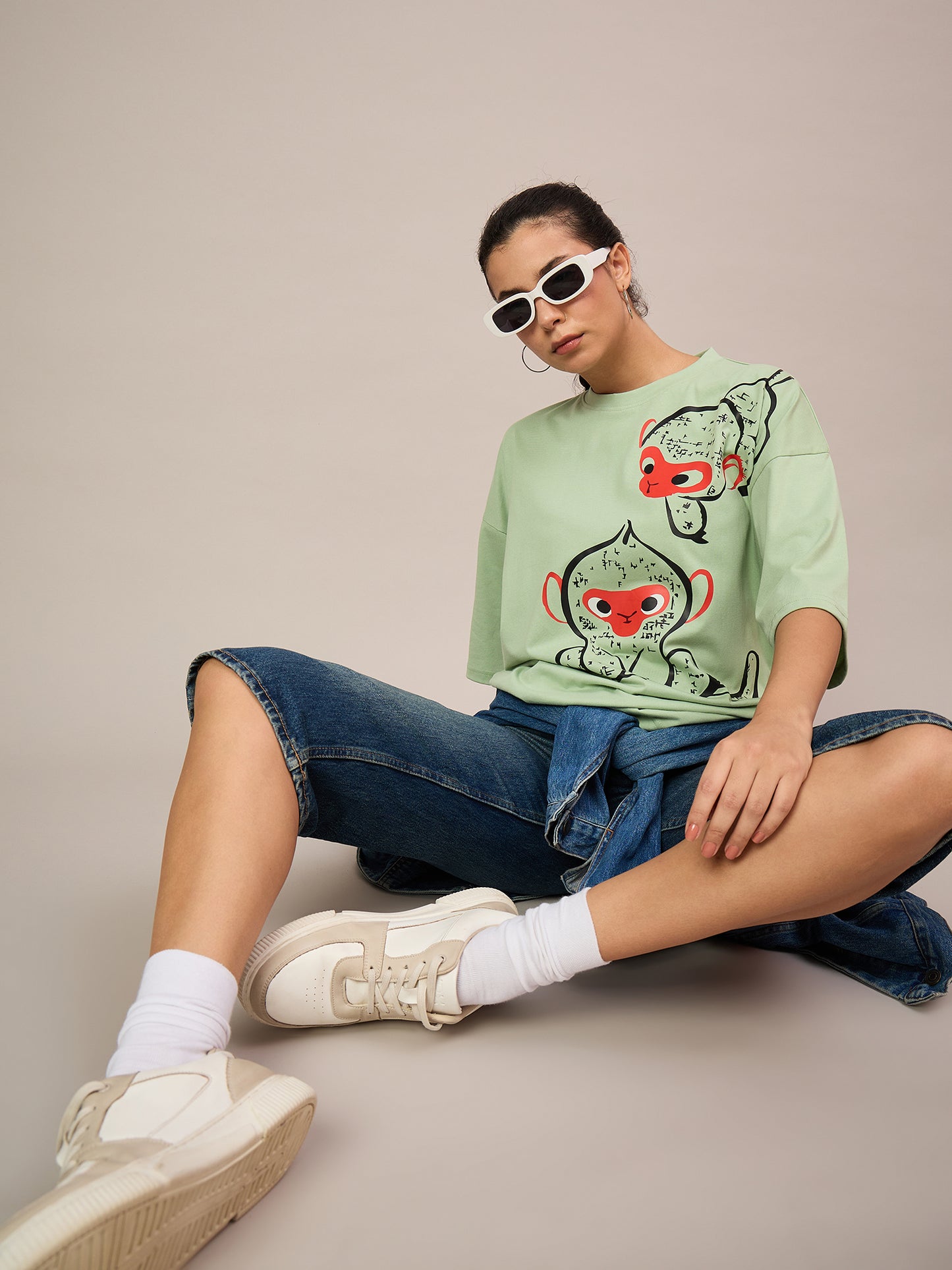 Women Light Green Oversized Tees