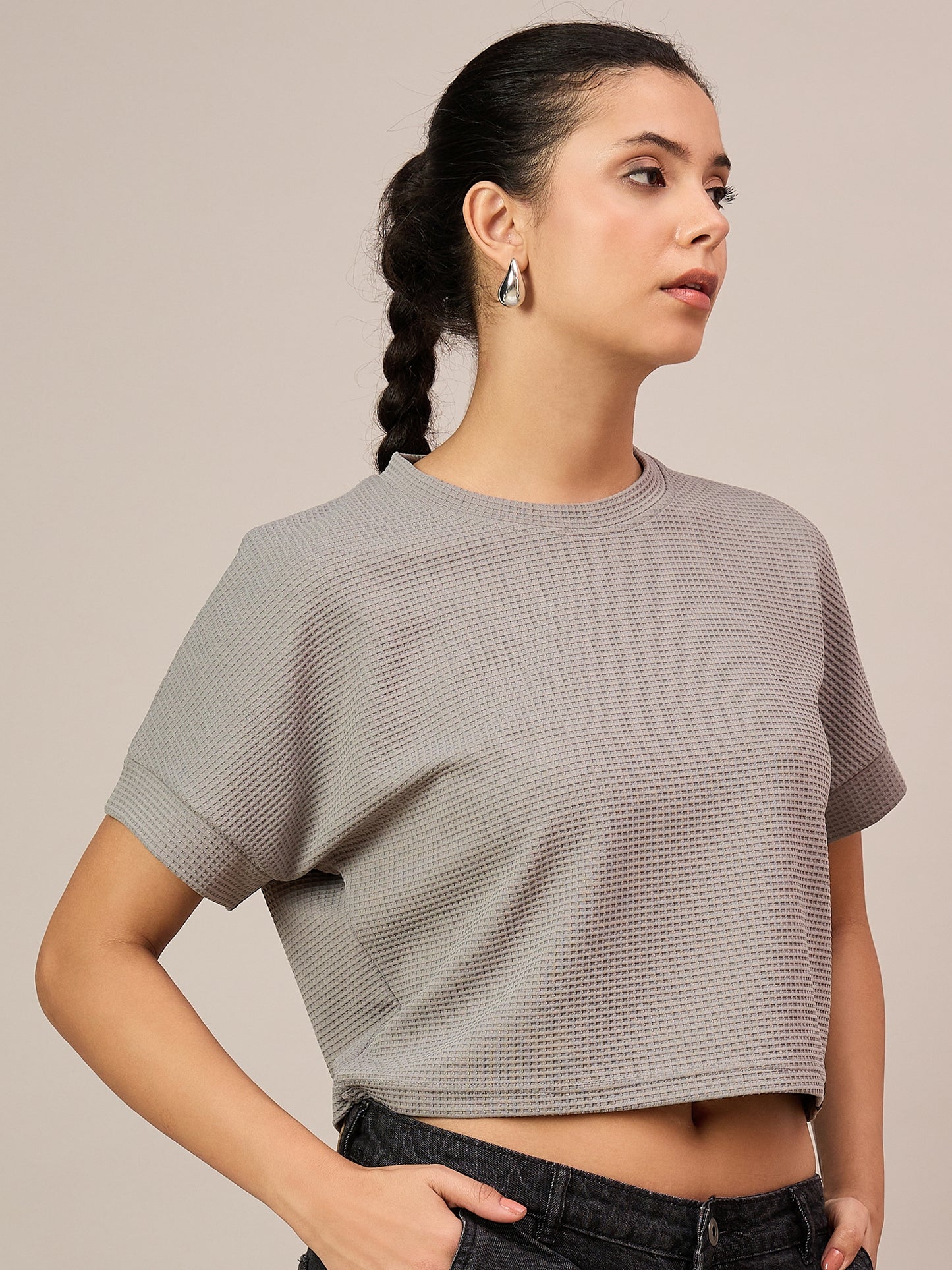 Women Light Grey Crop T-Shirt