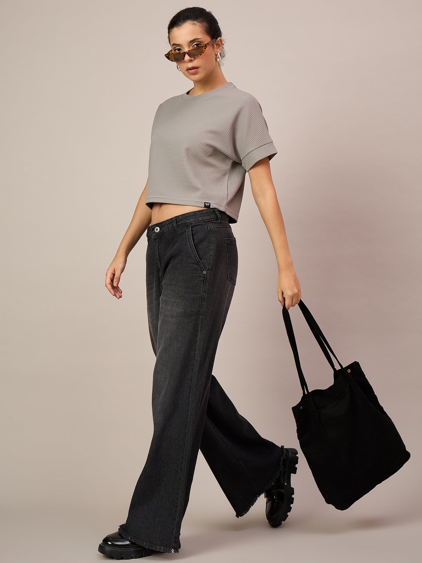 Women Light Grey Crop T-Shirt