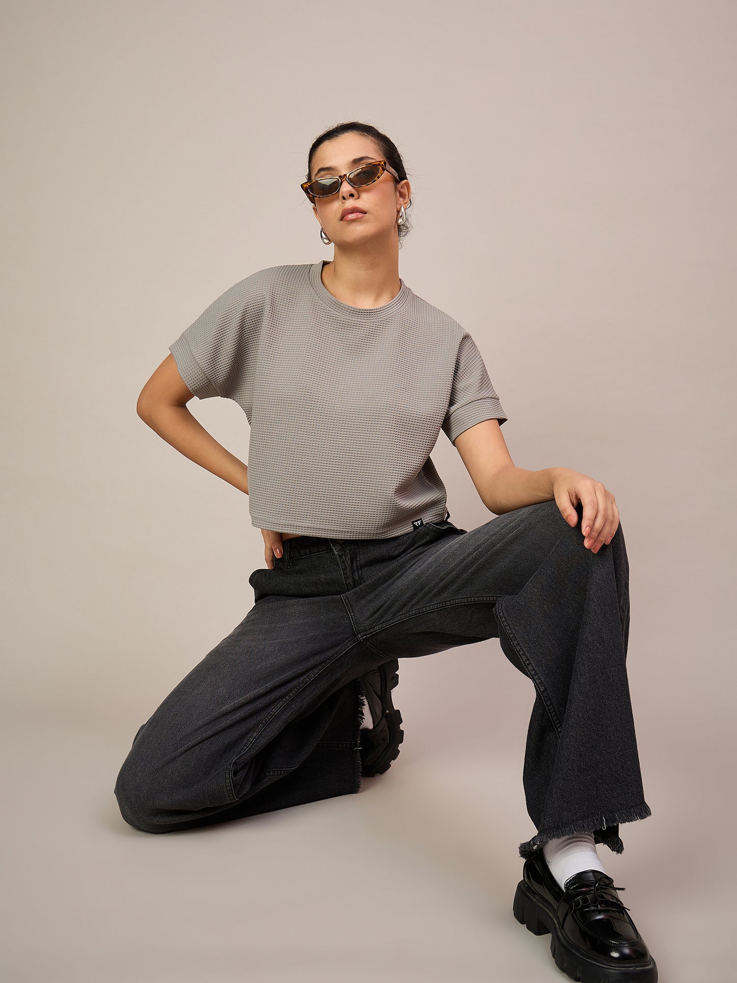 Women Light Grey Crop T-Shirt